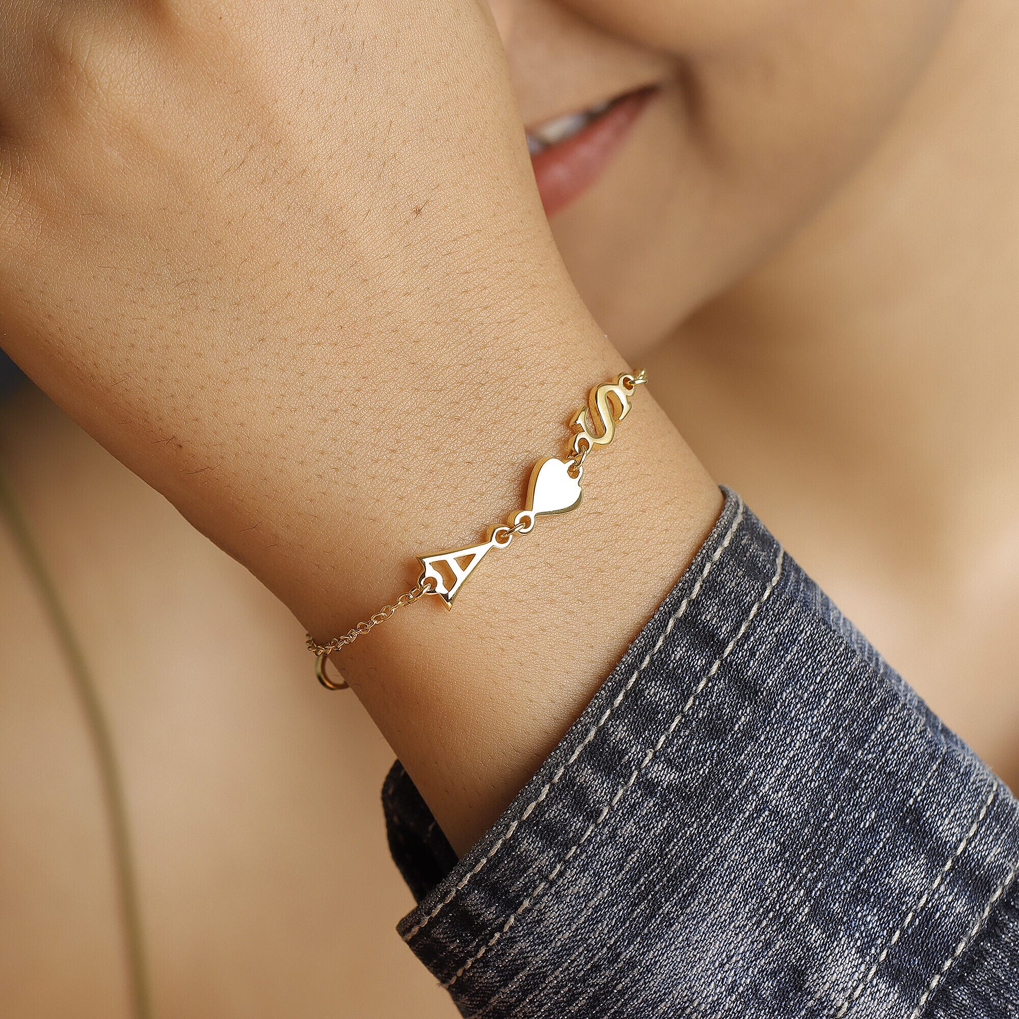 Personalised Two Initial Couple Bracelet with Heart in Silver, Size 7.25 Inch