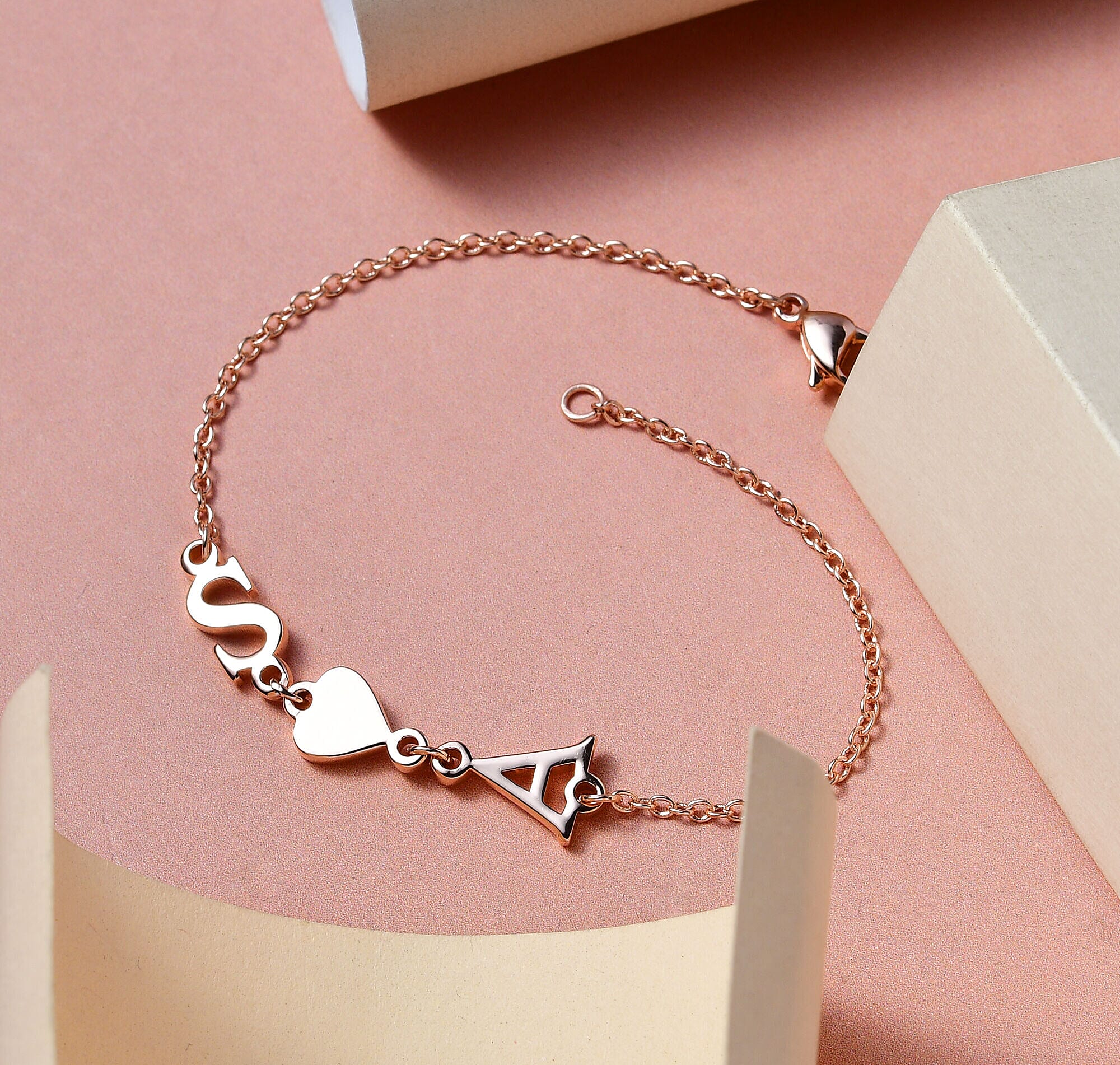 Personalised Two Initial Couple Bracelet with Heart in Silver, Size 7.25 Inch