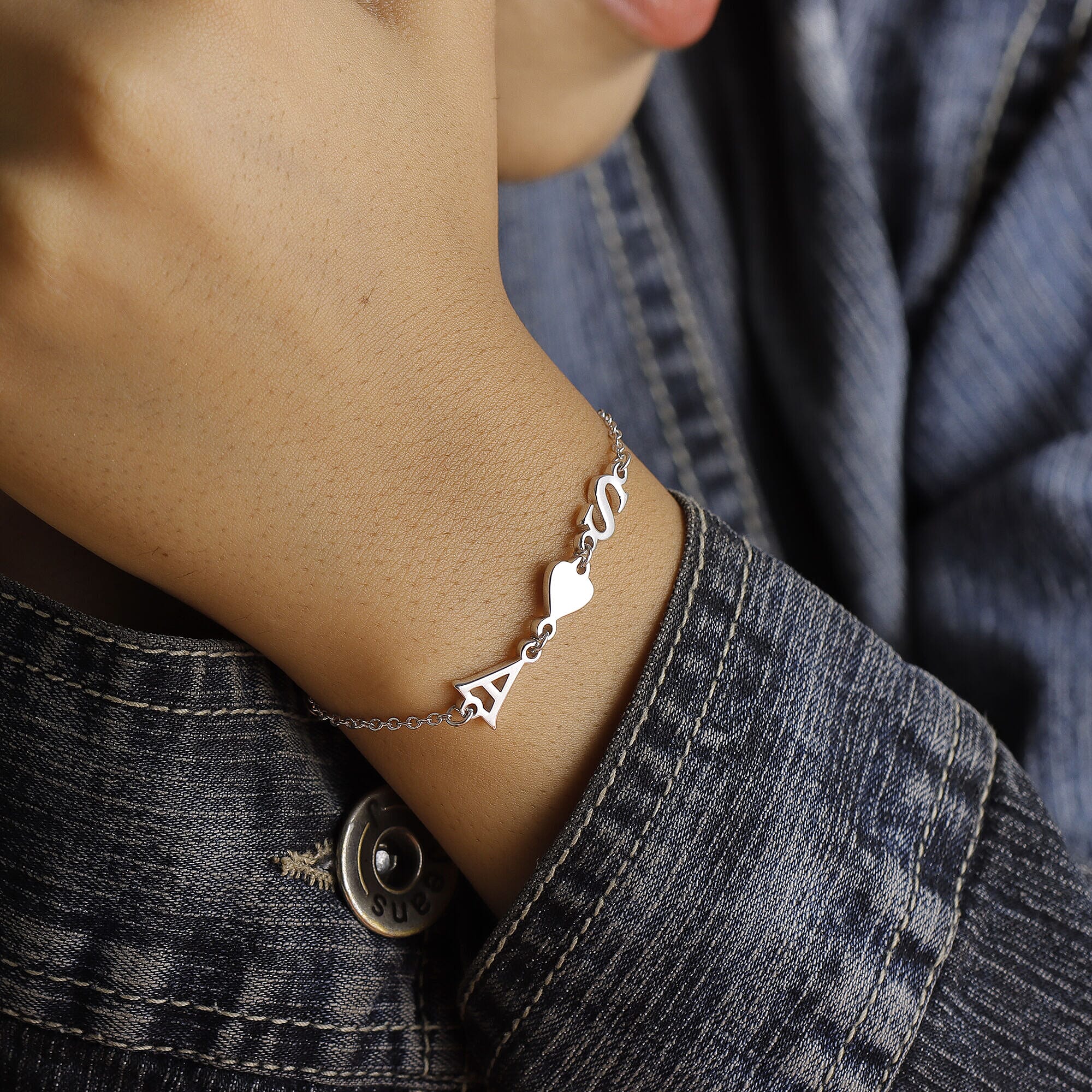 Personalised Two Initial Couple Bracelet with Heart in Silver, Size 7.25 Inch