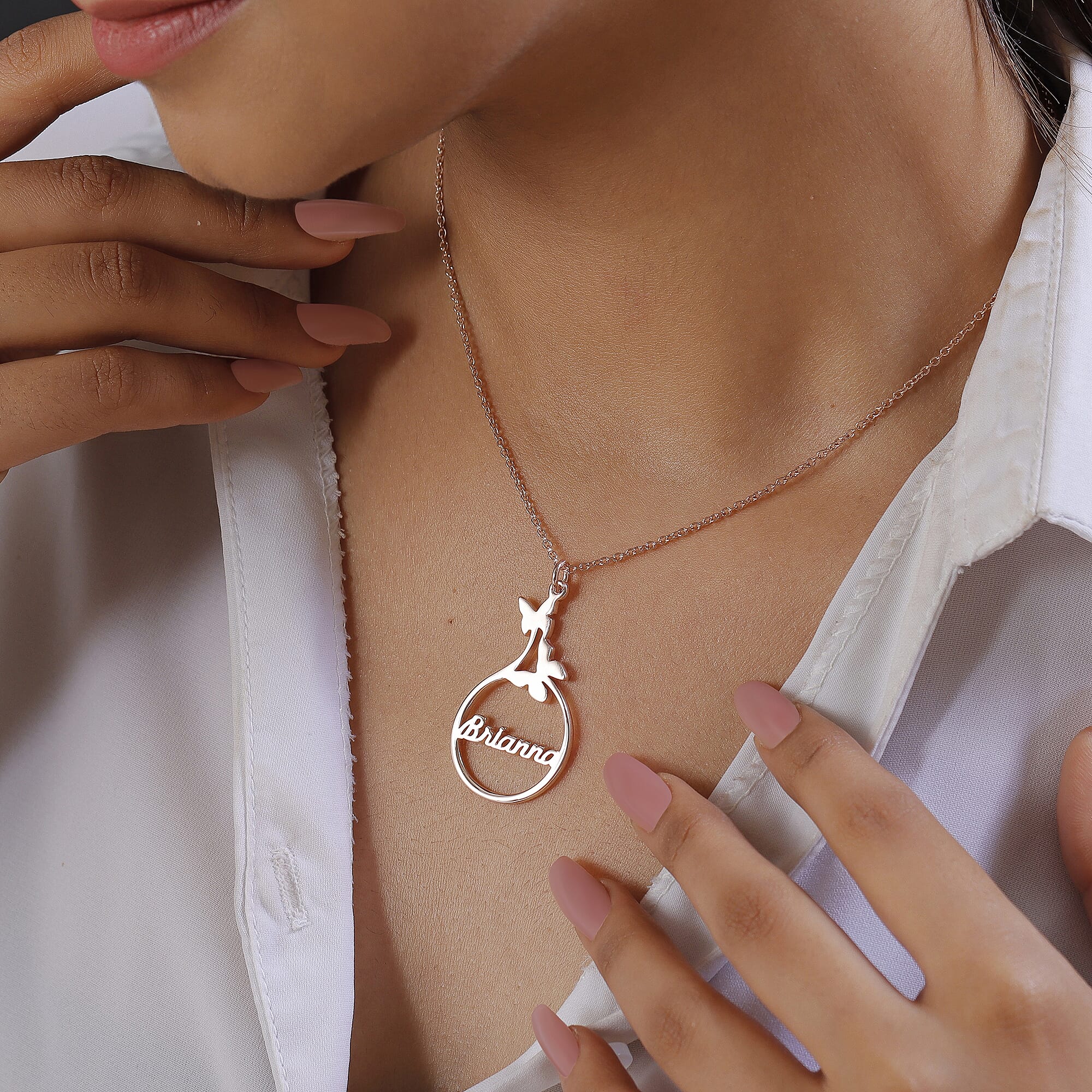 Personalised Butterfly Circle Name Necklace in Silver, Size 18-2 Inch, Font - Freehand521 BT