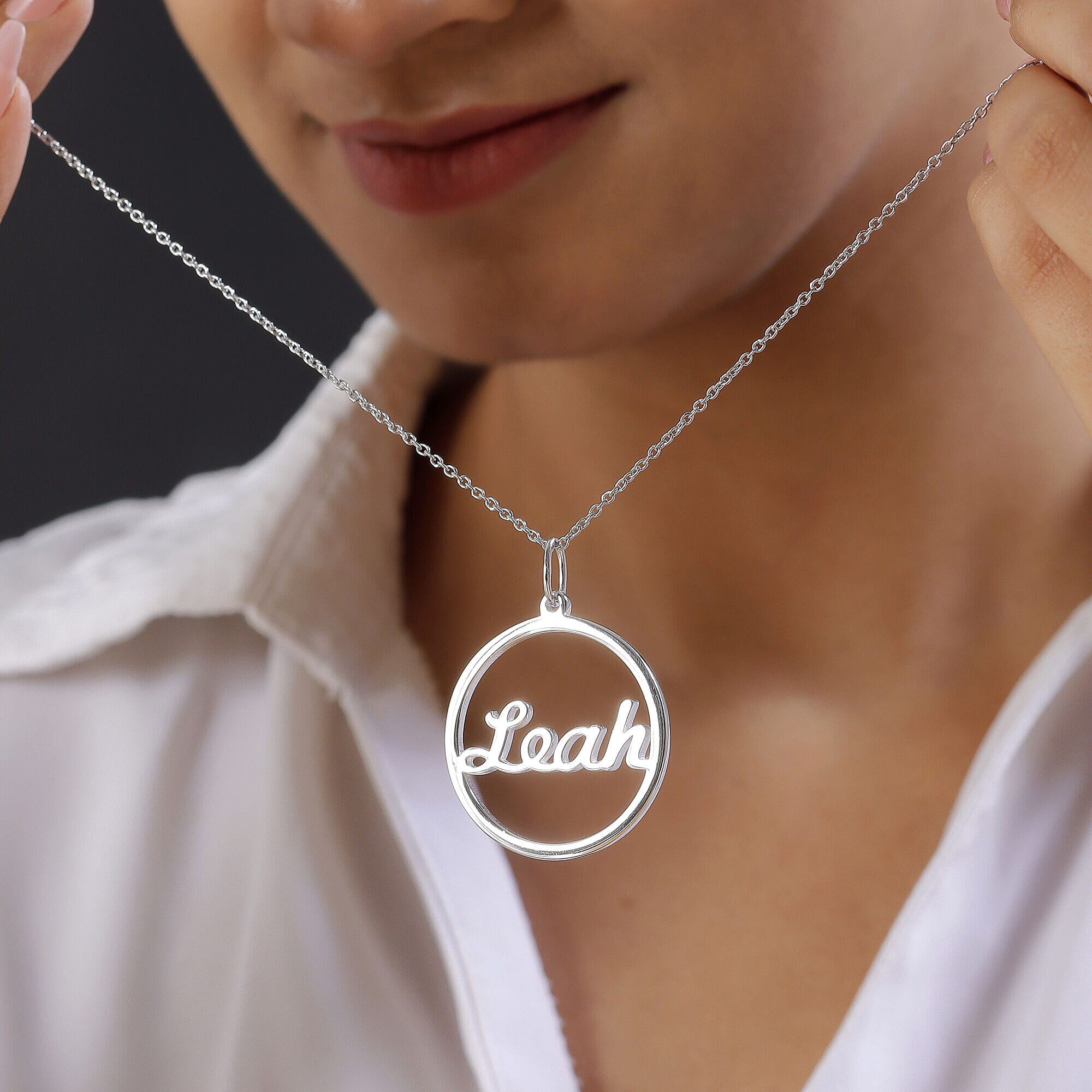 Personalised Circle Name Necklace in Silver, Size 18-2 Inch, Font - Freehand521 BT