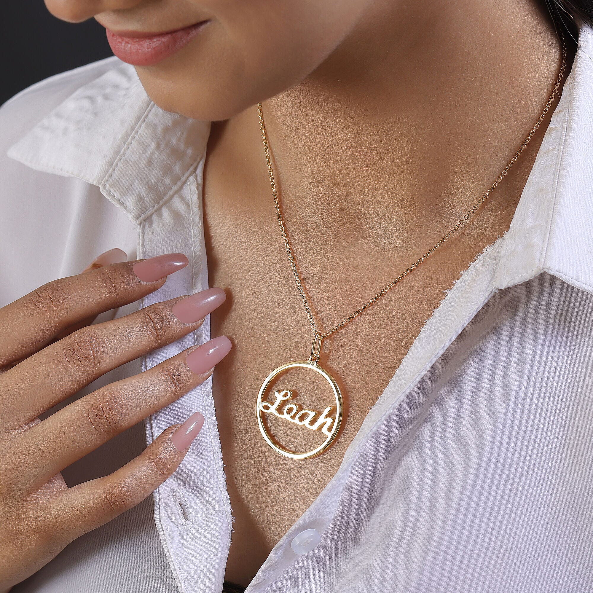 Personalised Circle Name Necklace in Silver, Size 18-2 Inch, Font - Freehand521 BT