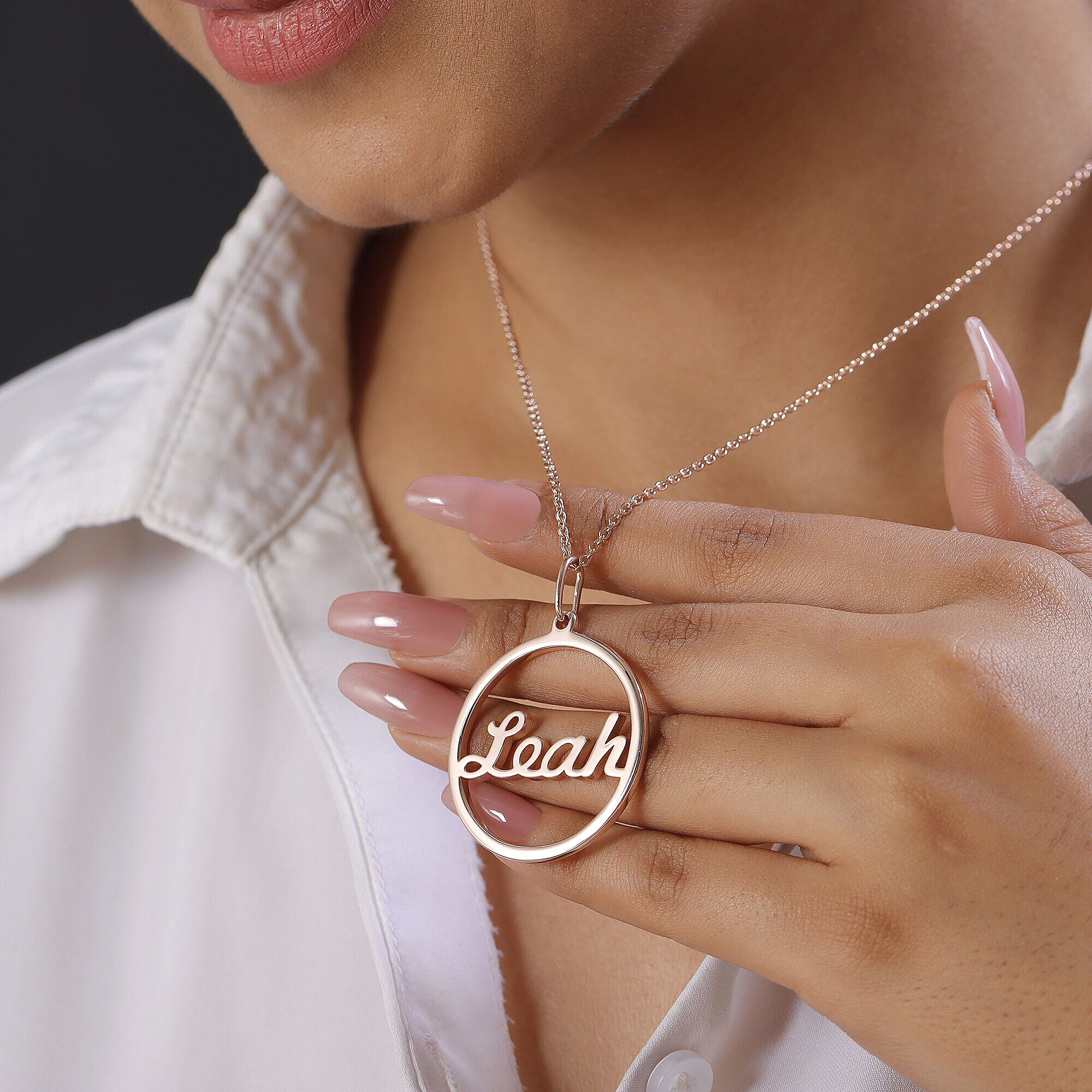 Personalised Circle Name Necklace in Silver, Size 18-2 Inch, Font - Freehand521 BT