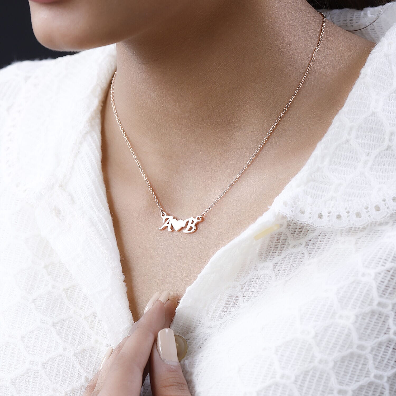 Personalised Heart Two Initial Necklace in Silver, Size 18-2 Inch, Font - Italic