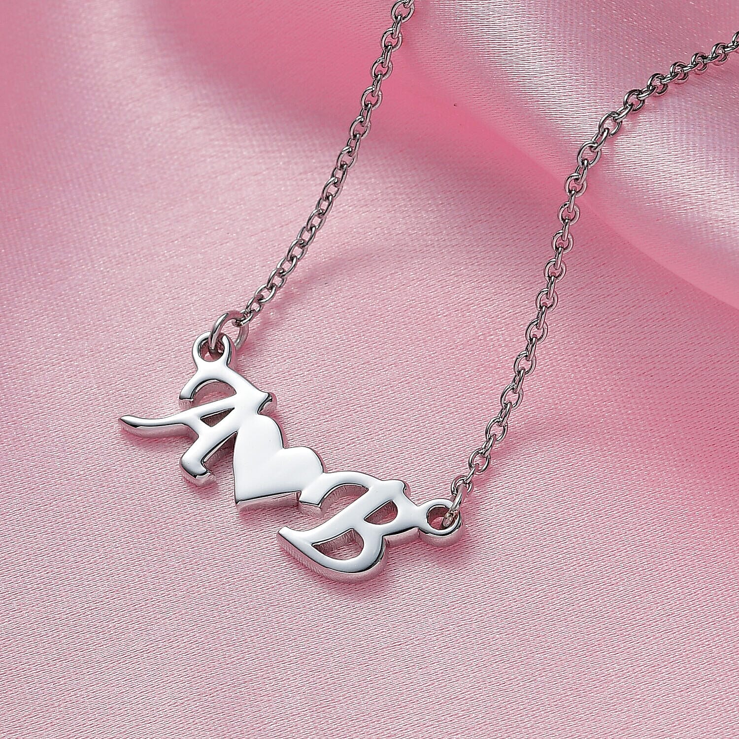 Personalised Heart Two Initial Necklace in Silver, Size 18-2 Inch, Font - Italic