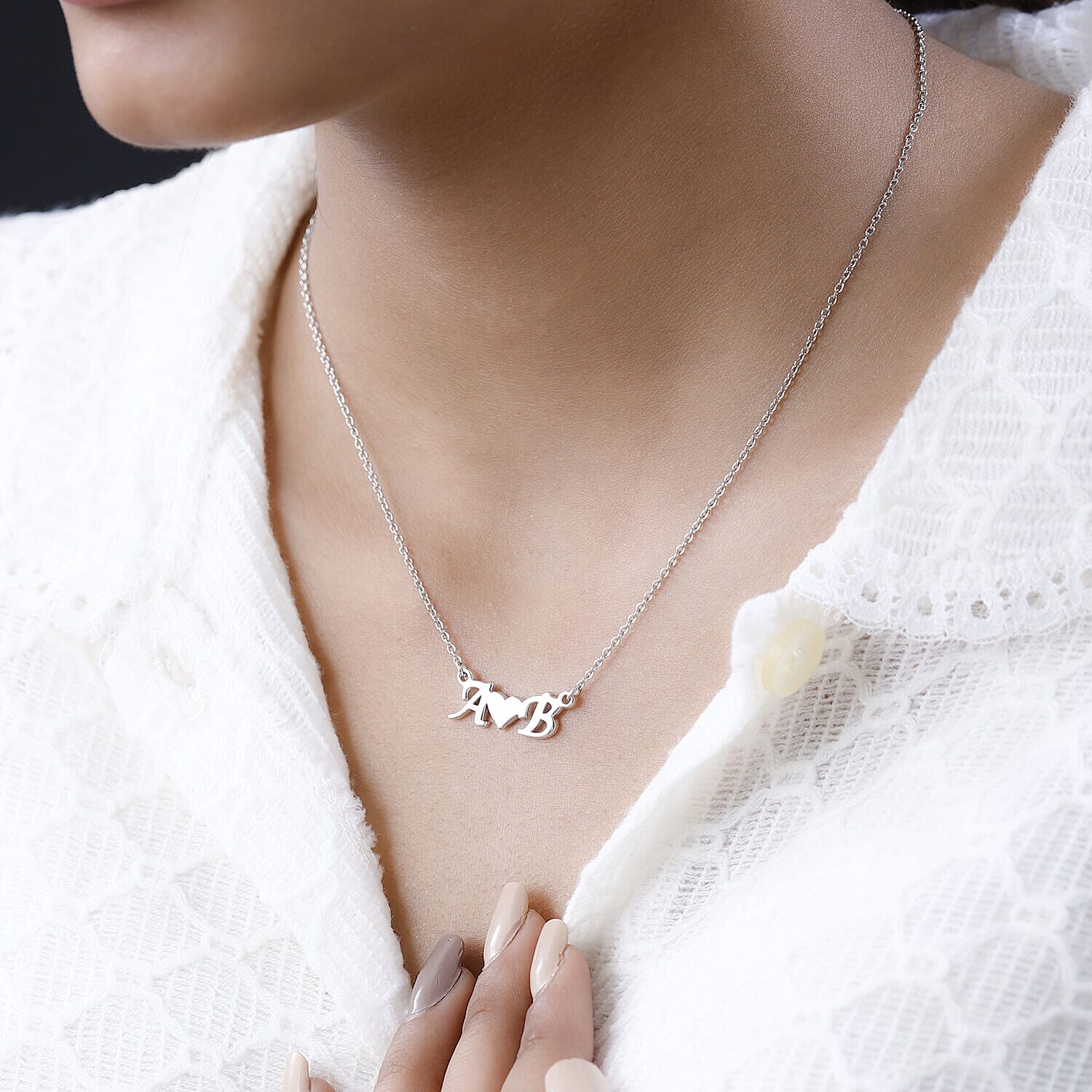 Personalised Heart Two Initial Necklace in Silver, Size 18-2 Inch, Font - Italic