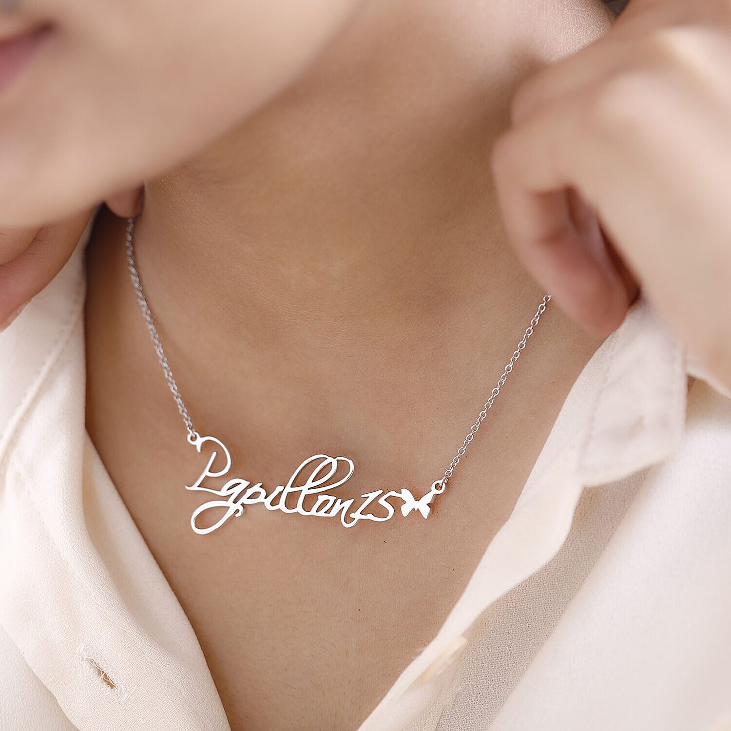 Personalised Butterfly Name Necklace in Silver, Size 18-2 Inch, Font - Script