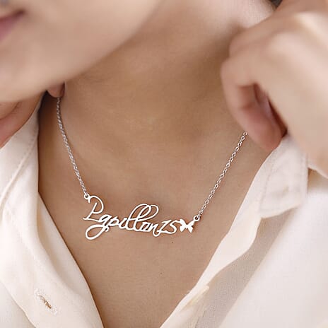 Personalised Butterfly Name Necklace in Silver, Size 18-2 Inch, Font - Script