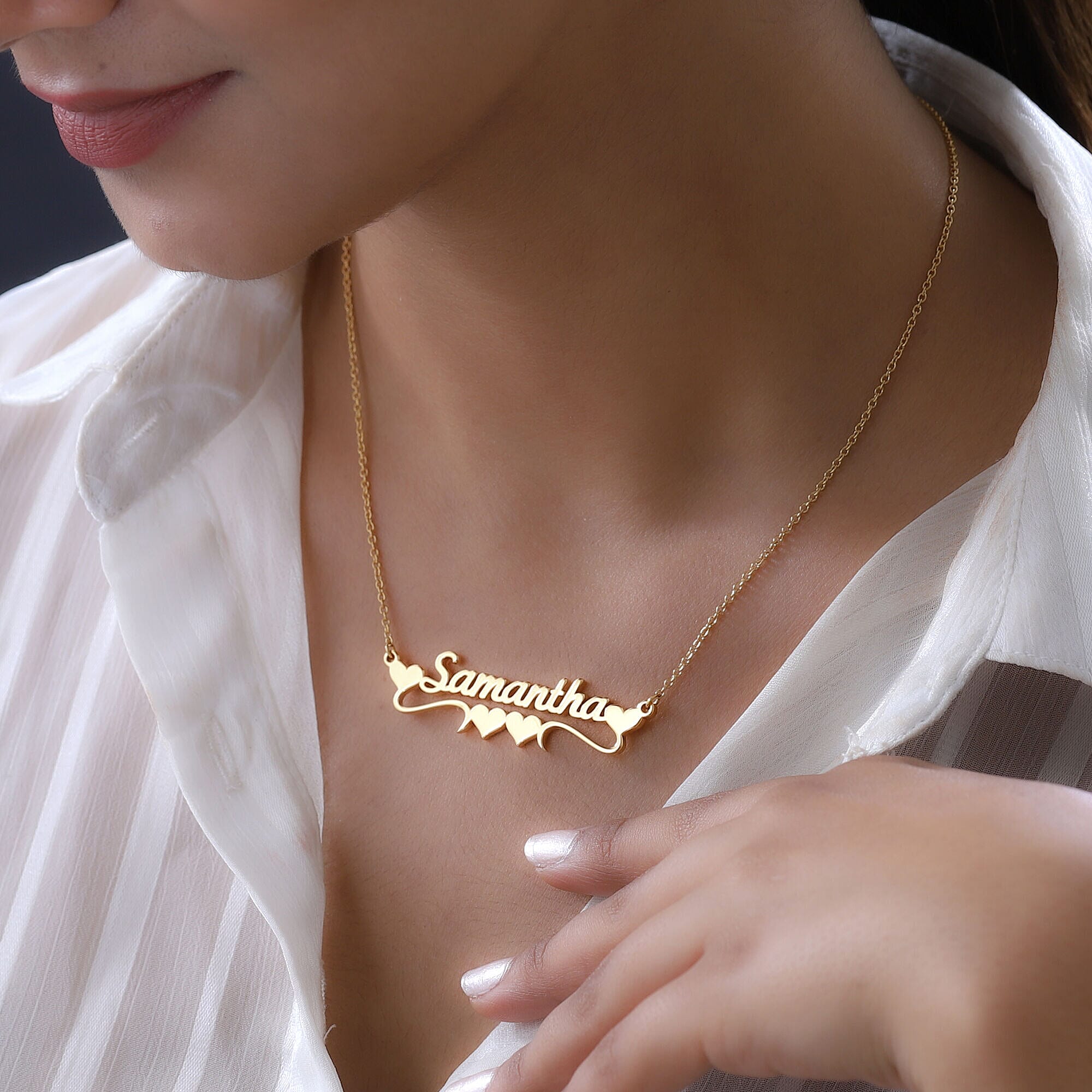 Personalised Heart Name Necklace in Silver, Size 18-2 Inch, Font - Freehand