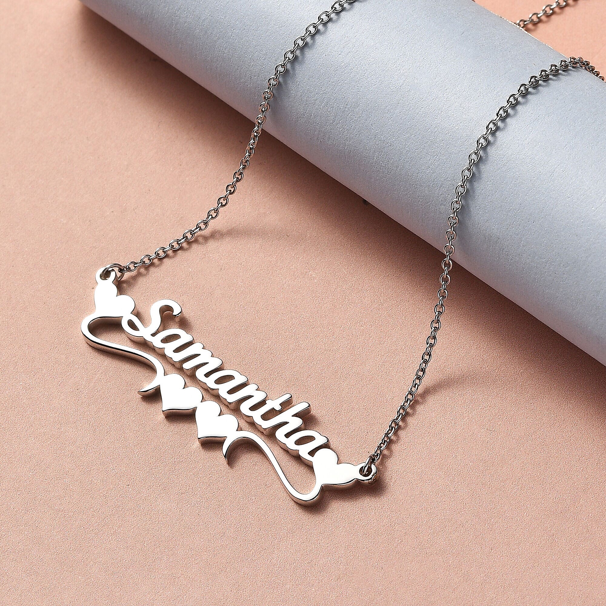 Personalised Heart Name Necklace in Silver, Size 18-2 Inch, Font - Freehand