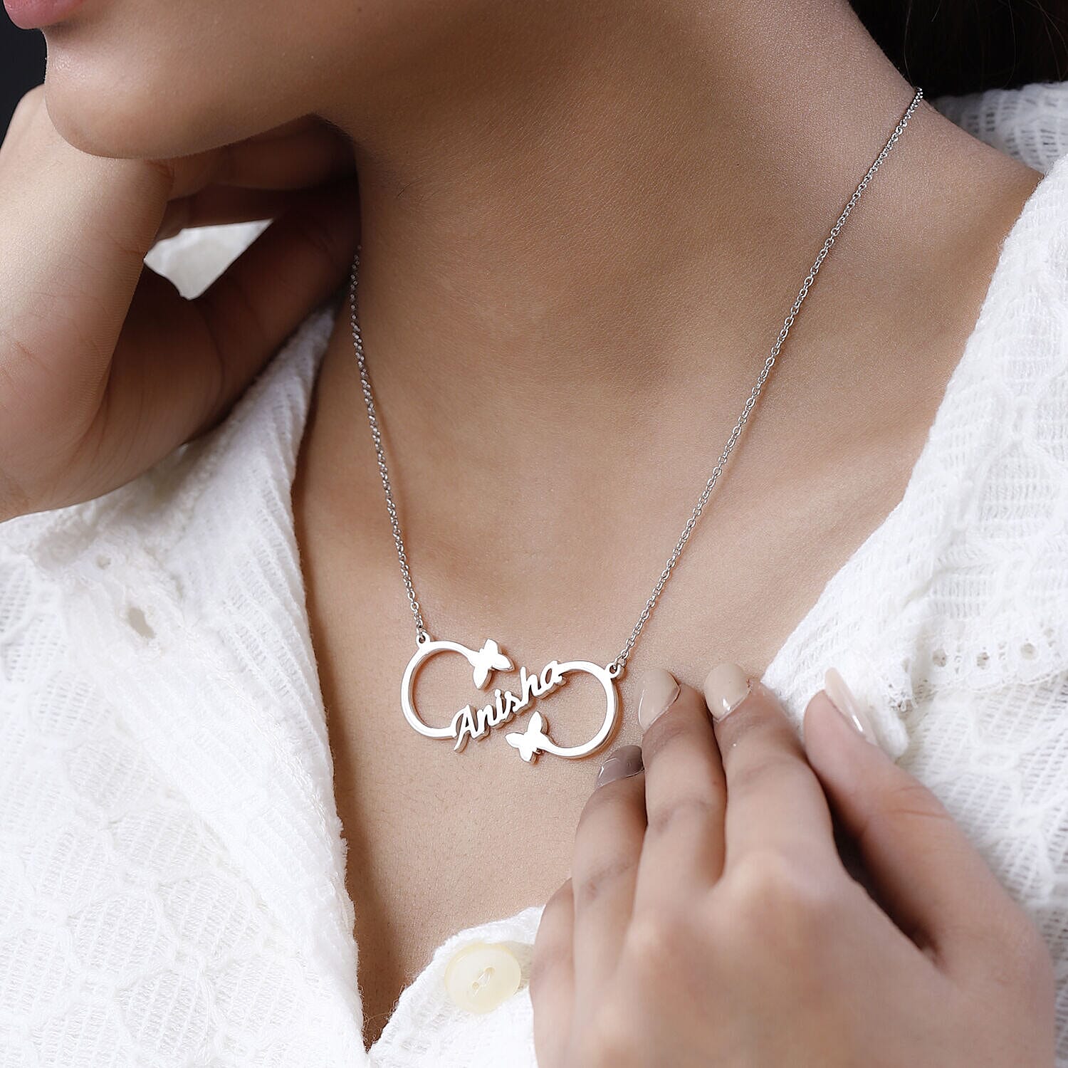 Personalised Infinity Heart Name Necklace in Silver, Size 18-2 Inch, Font - Freehand