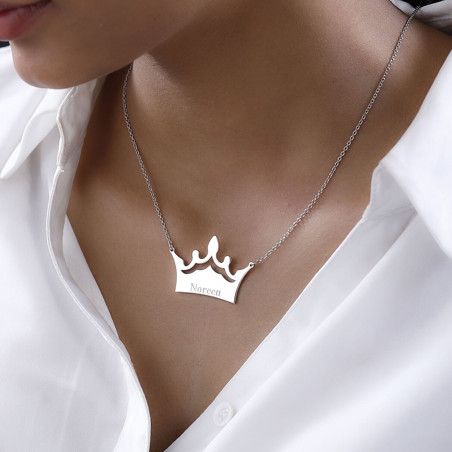 Personalised Crown Name Necklace in Silver, Size 18-2 Inch, Font - Italic
