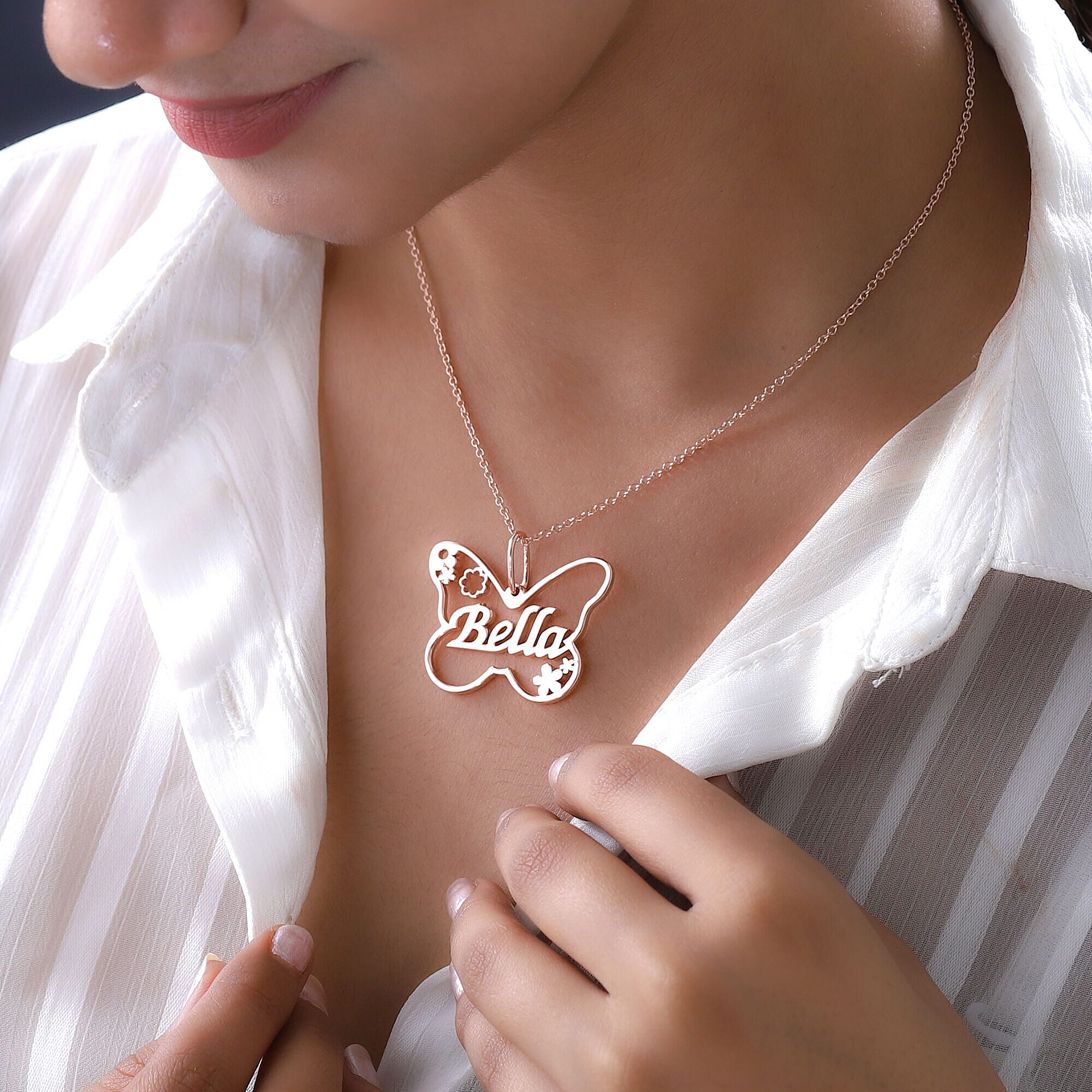 Personalised Butterfly Name Necklace in Silver, Size 18-2 Inch, Font - Italic