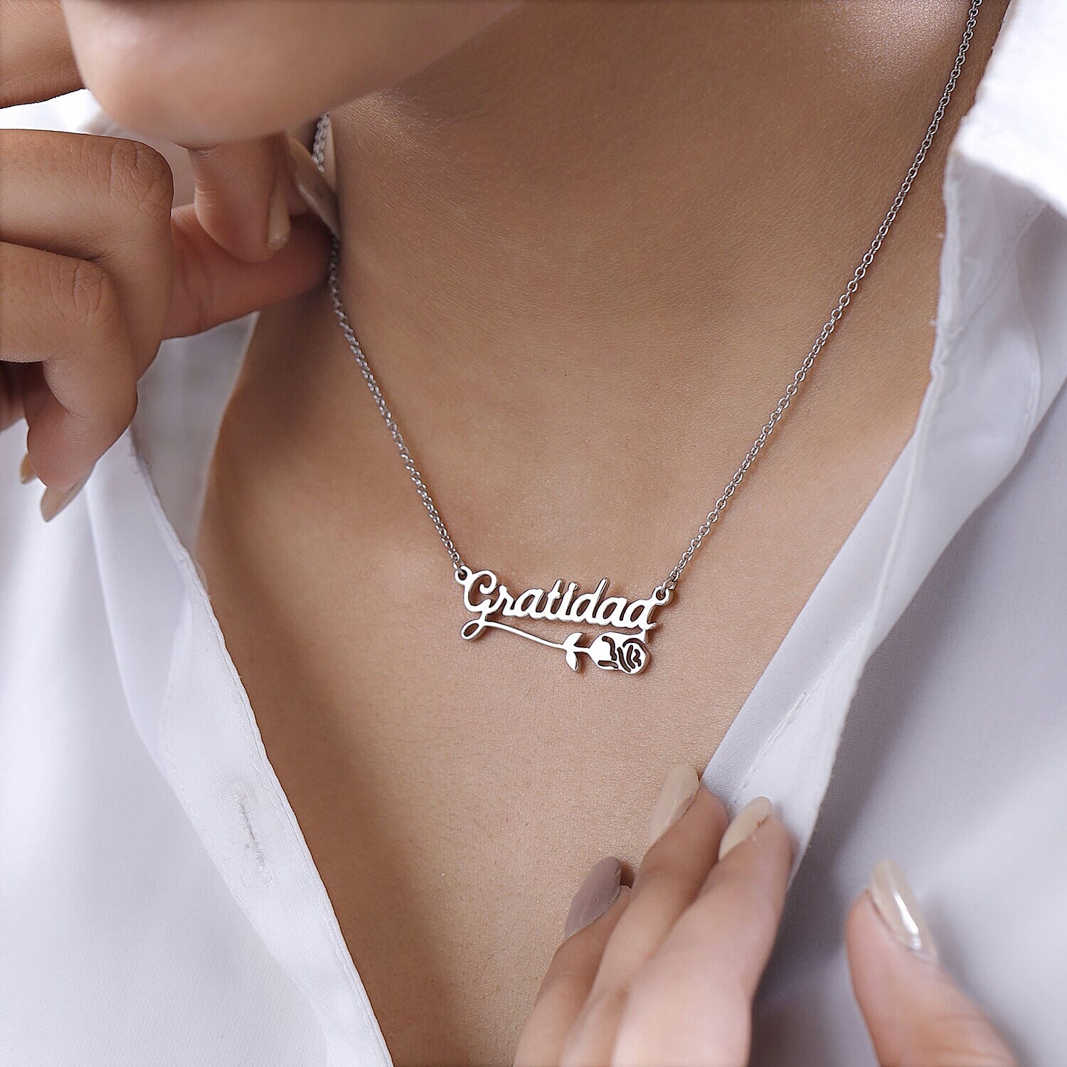 Personalised Flower Name Necklace in Silver, Size 18-2 Inch, Font - Italic