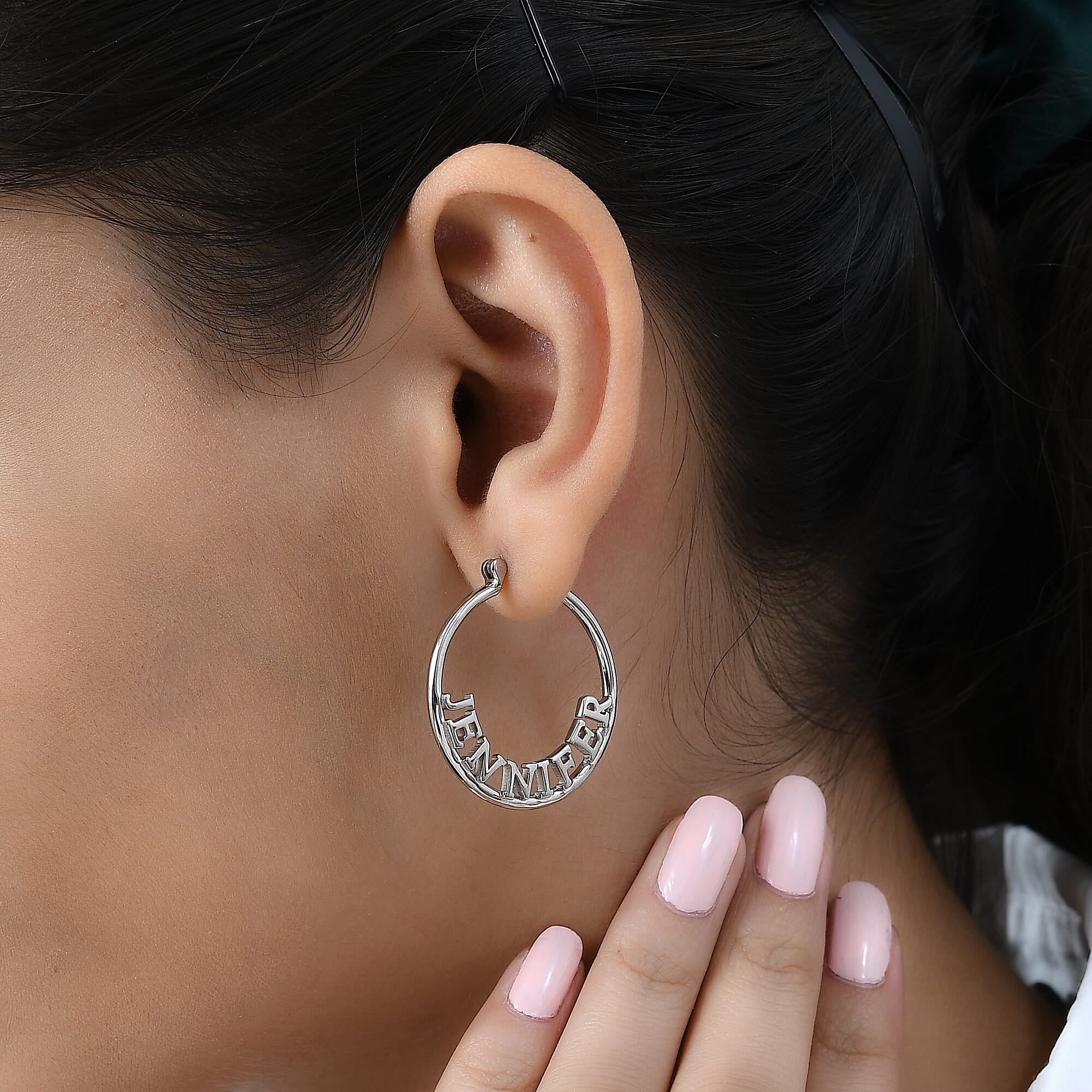 Personalised Hoop Name Earrings in Silver, Font - Times New Roman