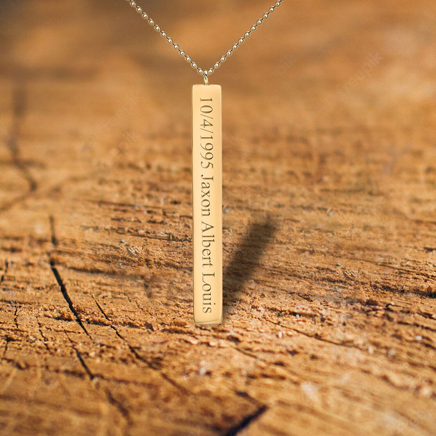 Personalised Engravable 9K Gold 4.9mm x 39.7mm Vertical Bar Adjustable Necklace, Size-16-17 Inch