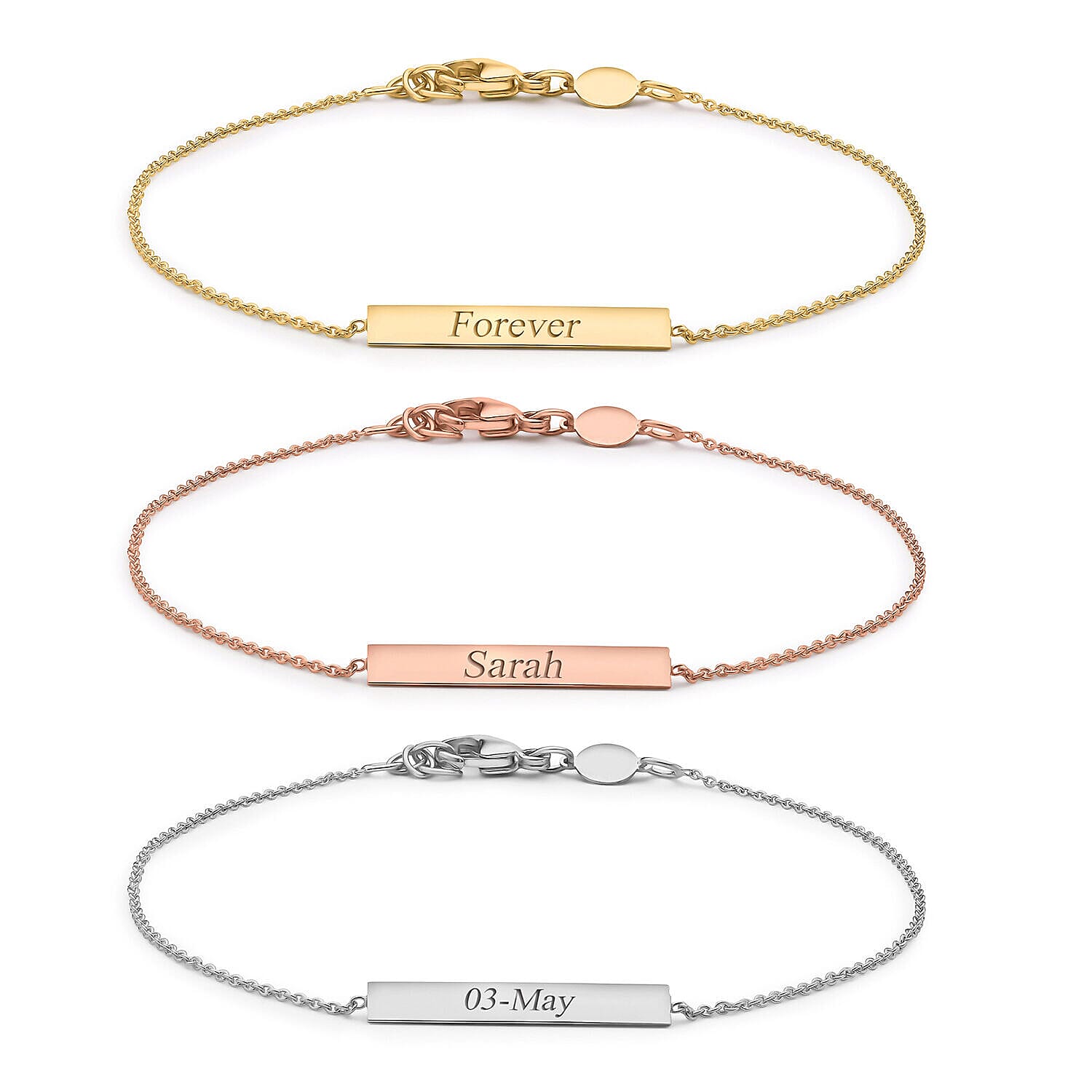 Personalised Engravable 9K Gold 3mm x 20mm Horizontal-Bar Adjustable Bracelet, Size-7-7.5 Inch