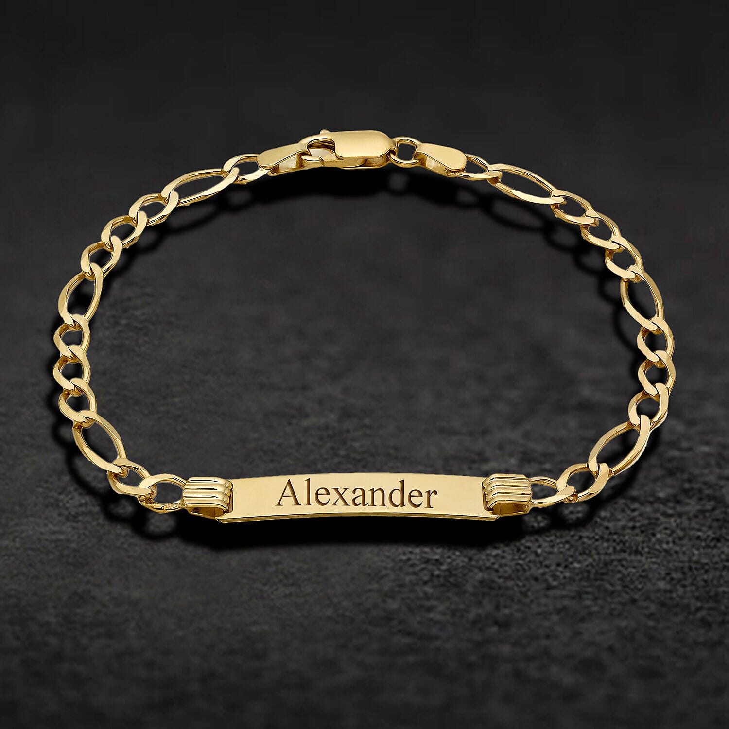 Personalised Engravable 9K Gold Flat Figaro 25mm x 5.5mm ID Bracelet, Size-7 Inch