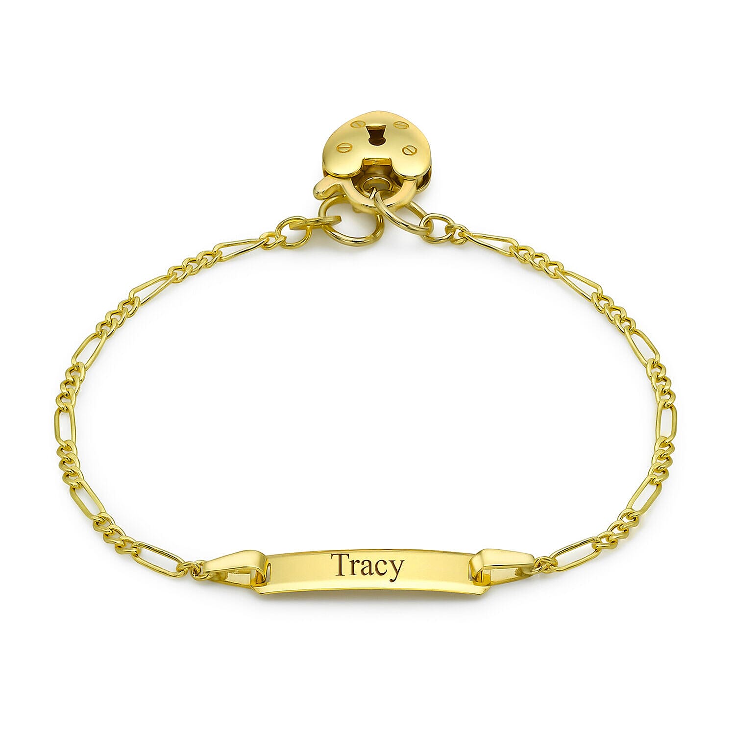 Personalised Engravable 9K Gold 17mm x 4.5mm Hollow Figaro Heart Padlock ID Bracelet, Size-6 Inch