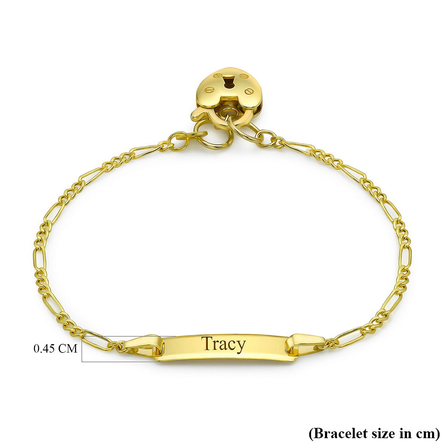 Personalised Engravable 9K Gold 17mm x 4.5mm Hollow Figaro Heart Padlock ID Bracelet, Size-6 Inch