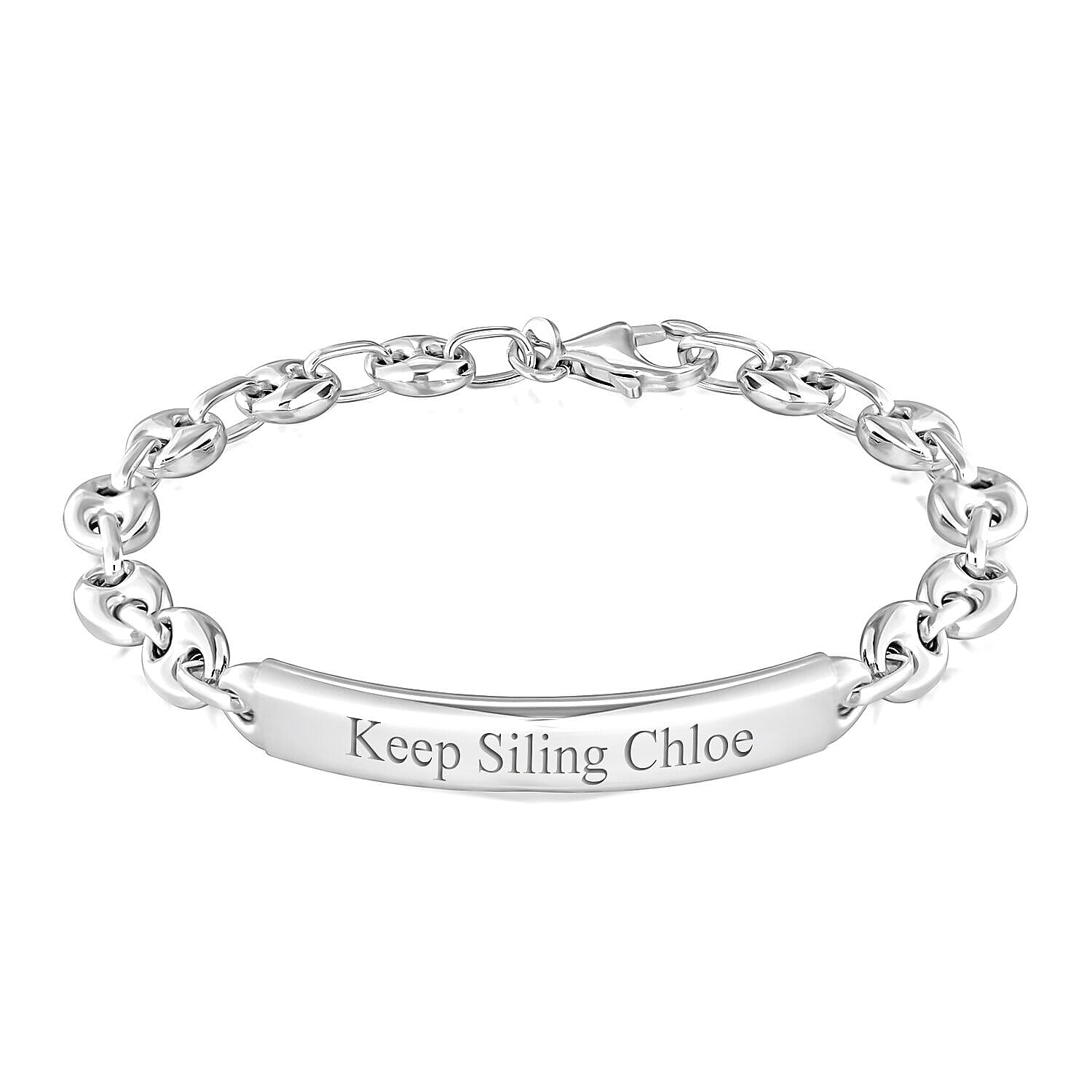 Personalised Engravable Rhodium Plated 7.5mm x 19mm Rambo-and-Oval-Link-Chain ID Bracelet in Silver, Size-7.5 Inch