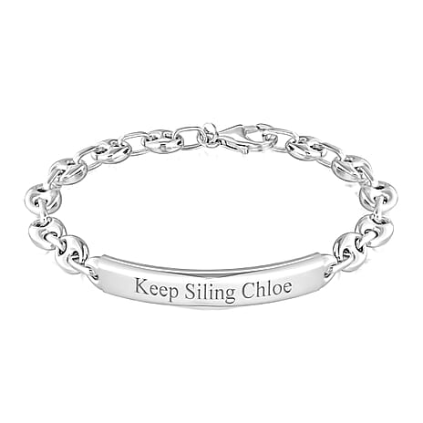 Personalised Engravable Rhodium Plated 7.5mm x 19mm Rambo-and-Oval-Link-Chain ID Bracelet in Silver, Size-7.5 Inch