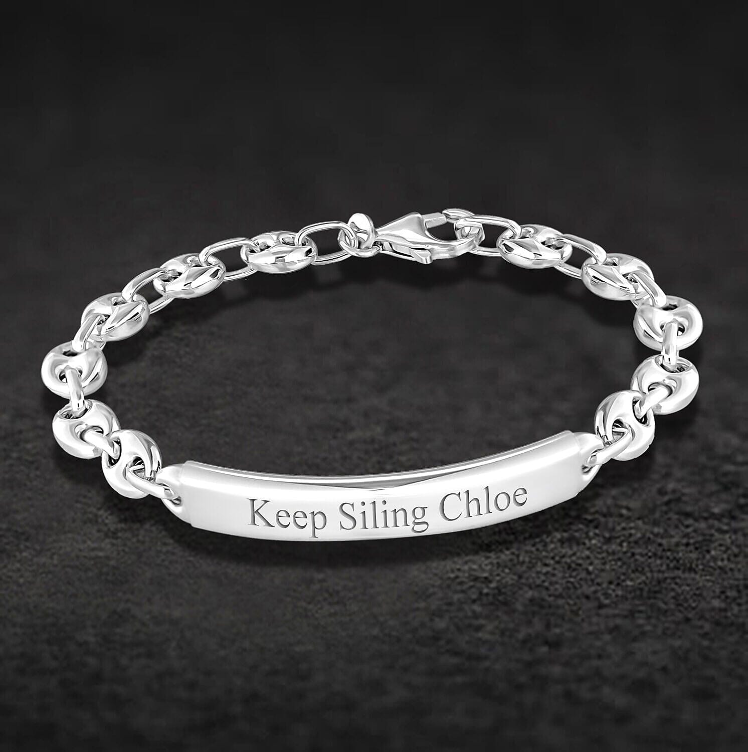 Personalised Engravable Rhodium Plated 7.5mm x 19mm Rambo-and-Oval-Link-Chain ID Bracelet in Silver, Size-7.5 Inch