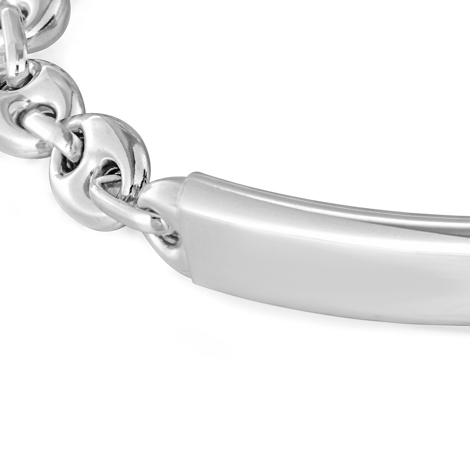 Personalised Engravable Rhodium Plated 7.5mm x 19mm Rambo-and-Oval-Link-Chain ID Bracelet in Silver, Size-7.5 Inch