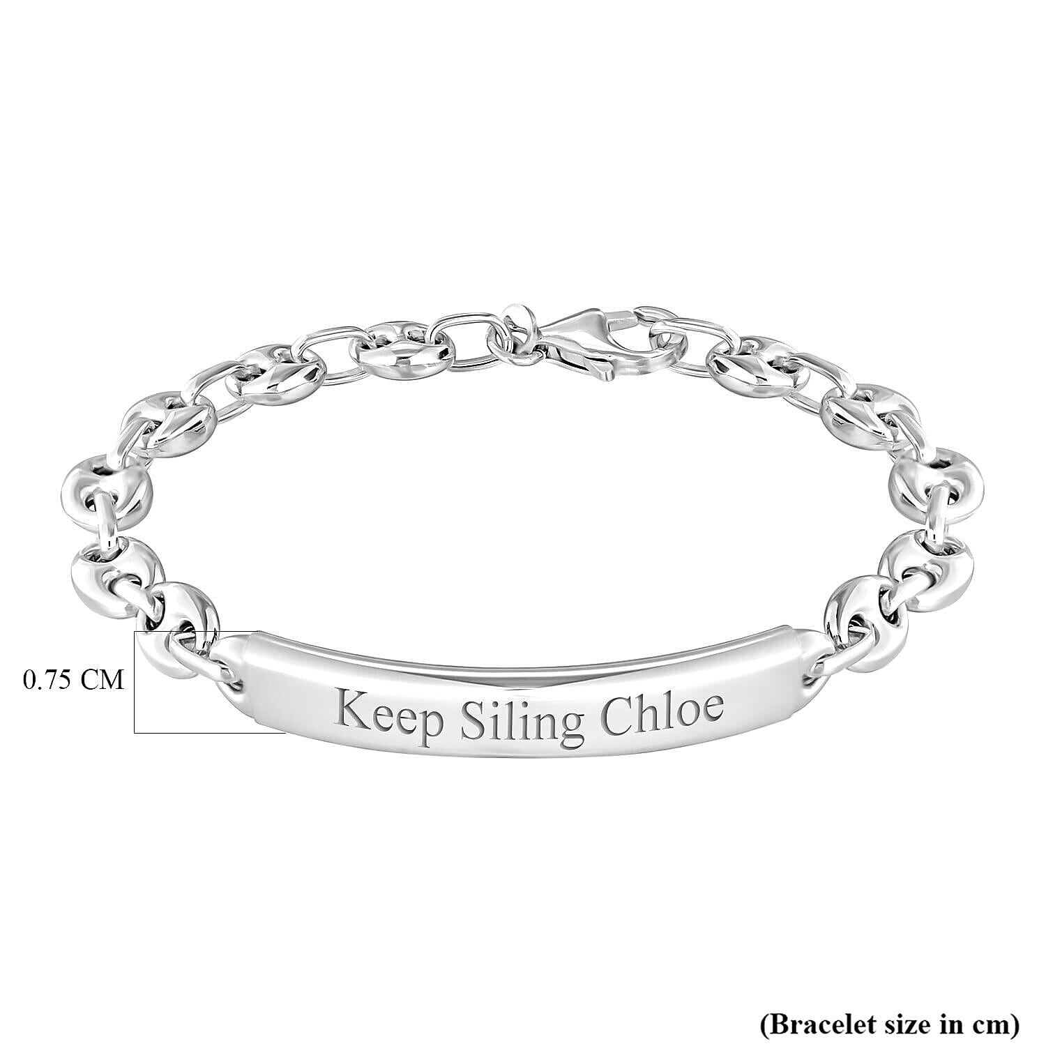 Personalised Engravable Rhodium Plated 7.5mm x 19mm Rambo-and-Oval-Link-Chain ID Bracelet in Silver, Size-7.5 Inch