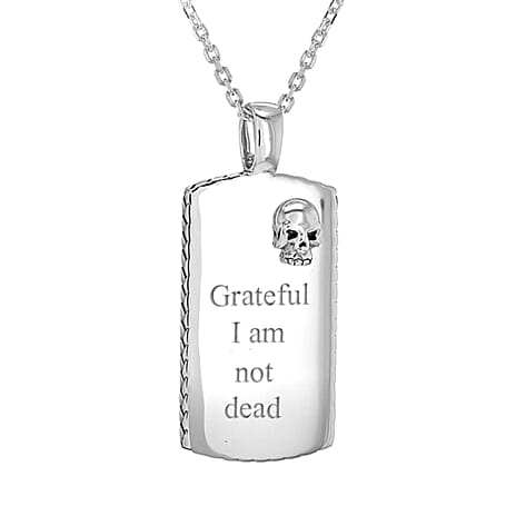 Personalised Engravable Rhodium Plated 19.5mm x 43.1mm Satin-Plaited-Edge Skull Dog Tag Adjustable Necklace in Silver, Size-16-18 Inch