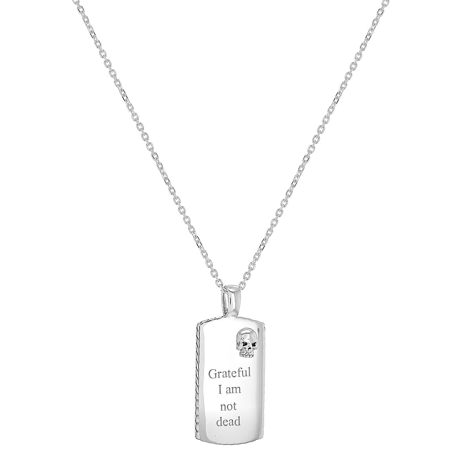 Personalised Engravable Rhodium Plated 19.5mm x 43.1mm Satin-Plaited-Edge Skull Dog Tag Adjustable Necklace in Silver, Size-16-18 Inch