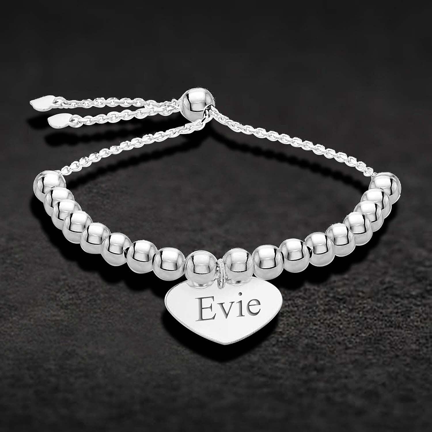 Personalised Engravable Rhodium Plated 17mm x 16mm Heart Beaded Adjustable Slider Bracelet in Silver, Size-9 Inch