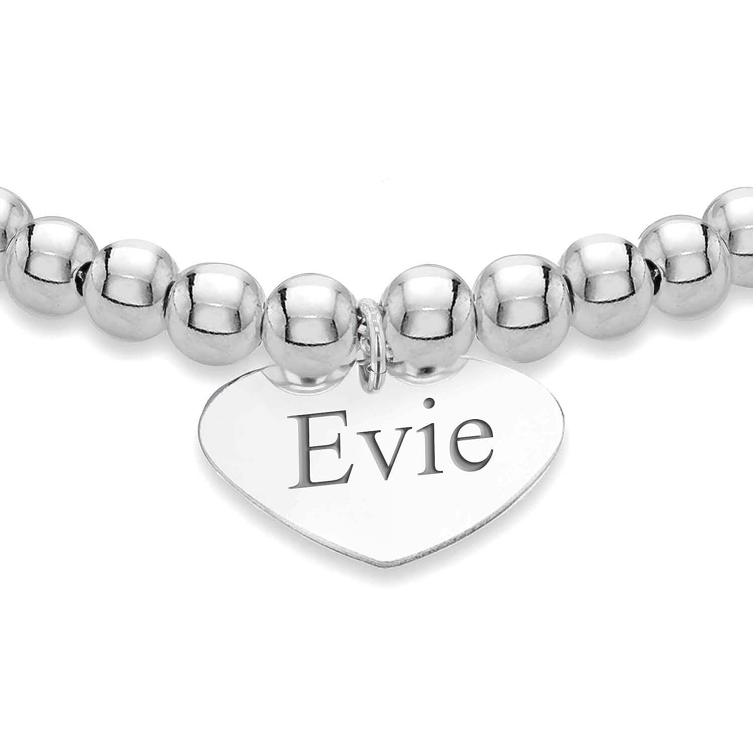 Personalised Engravable Rhodium Plated 17mm x 16mm Heart Beaded Adjustable Slider Bracelet in Silver, Size-9 Inch
