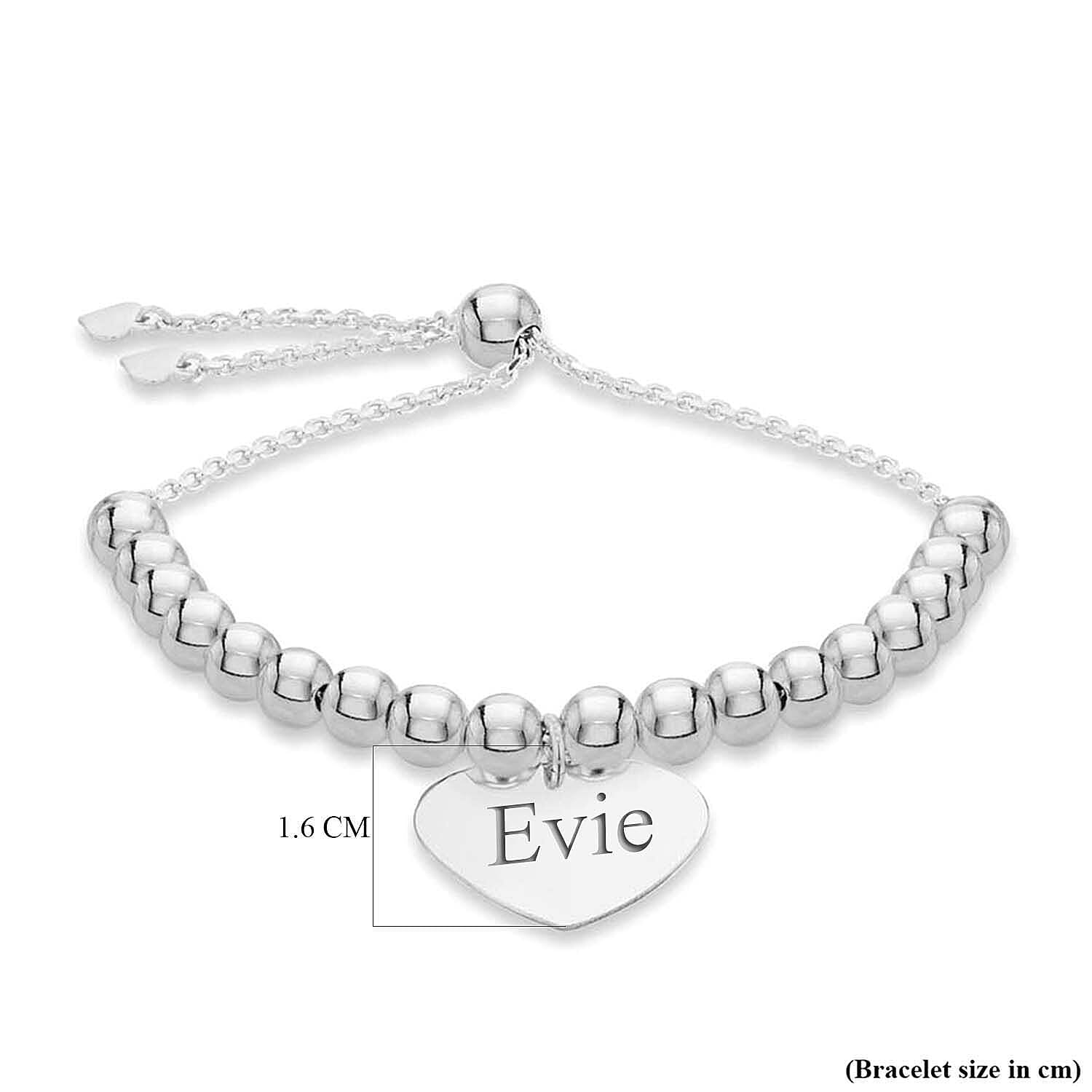 Personalised Engravable Rhodium Plated 17mm x 16mm Heart Beaded Adjustable Slider Bracelet in Silver, Size-9 Inch