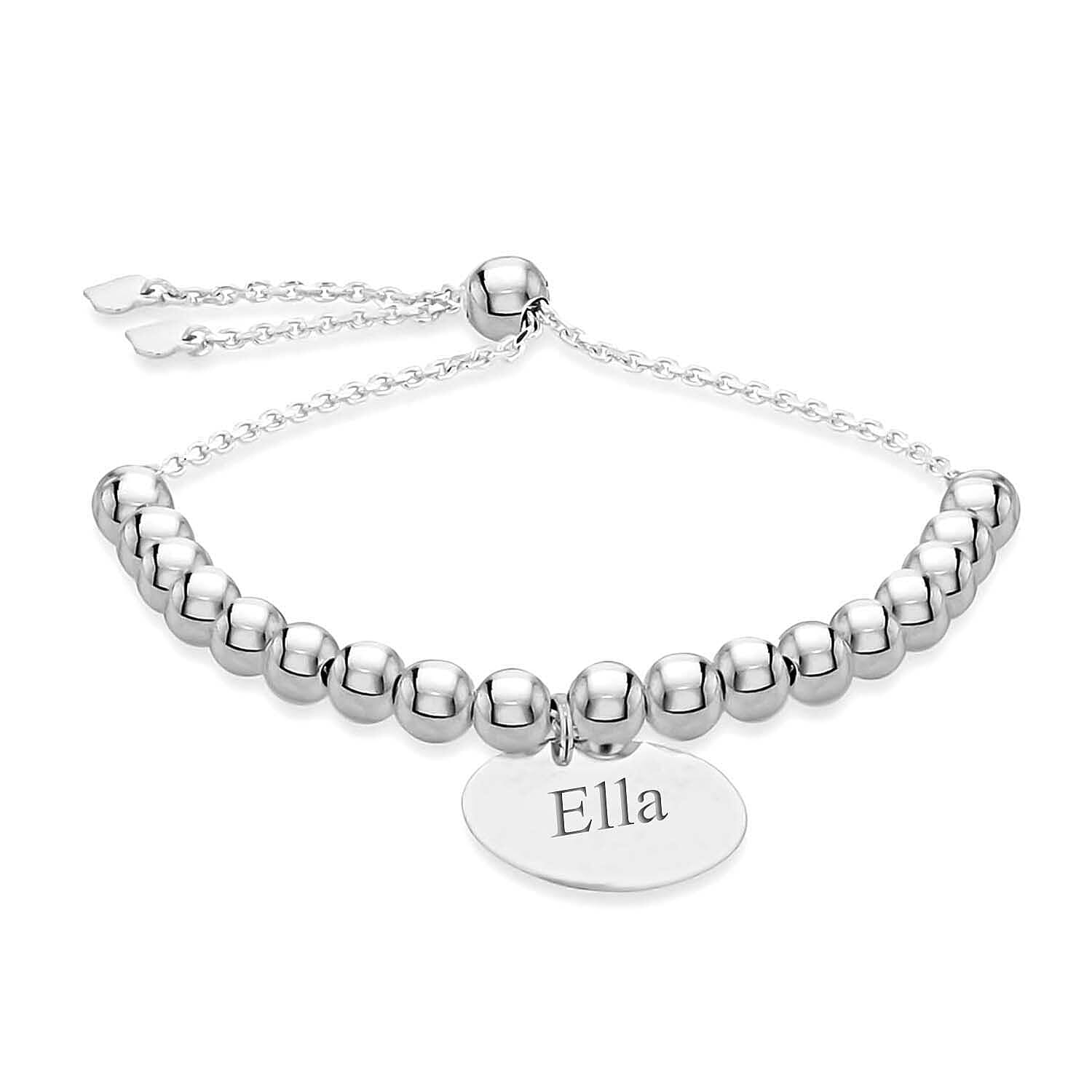 Personalised Engravable Rhodium Plated 17mm Disc Beaded Adjustable Slider Bracelet in Silver, Size-9 Inch