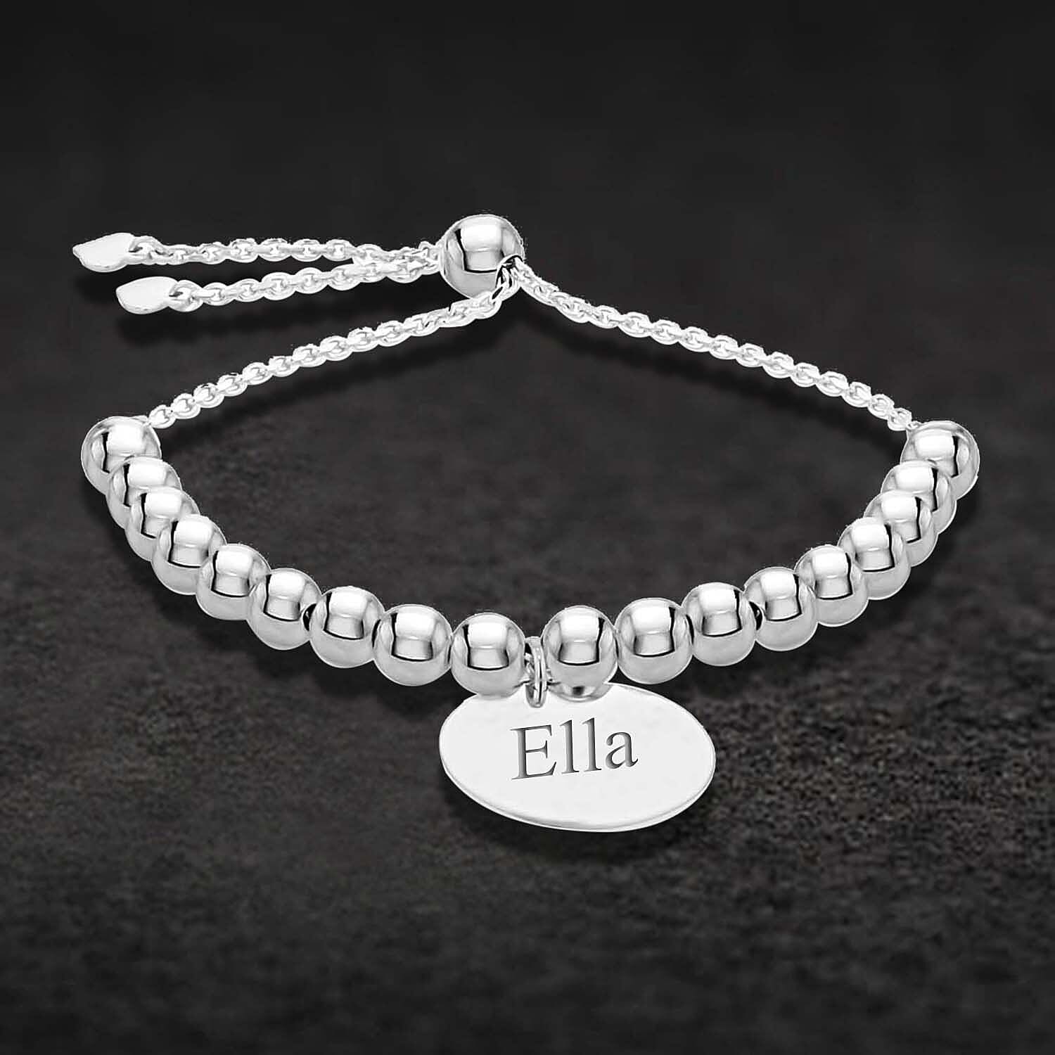 Personalised Engravable Rhodium Plated 17mm Disc Beaded Adjustable Slider Bracelet in Silver, Size-9 Inch