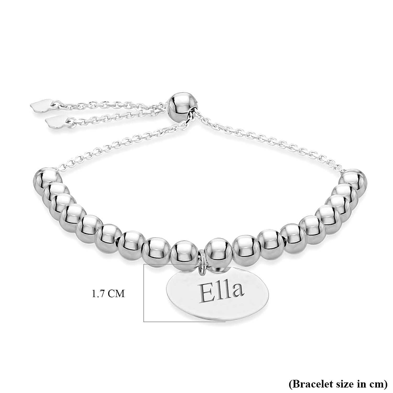 Personalised Engravable Rhodium Plated 17mm Disc Beaded Adjustable Slider Bracelet in Silver, Size-9 Inch