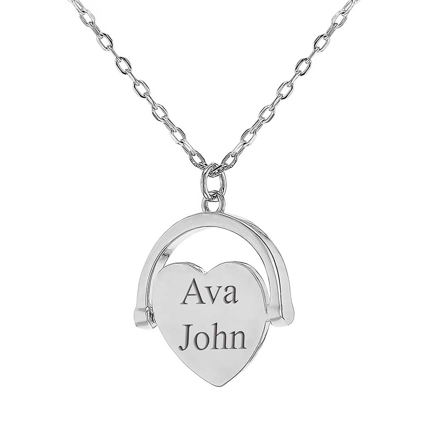 Personalised Engravable Rhodium Plated 17.3mm x 21mm Heart Spinner Adjustable Necklace in Silver, Size-17-18 Inch
