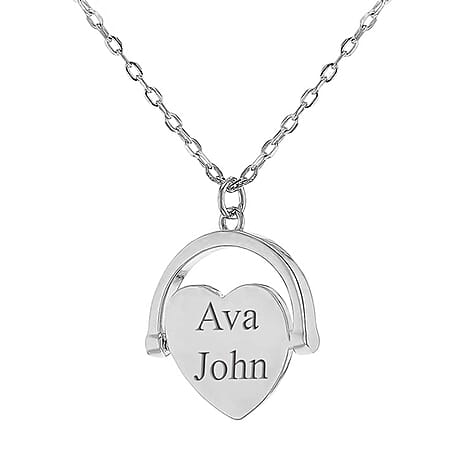 Personalised Engravable Rhodium Plated 17.3mm x 21mm Heart Spinner Adjustable Necklace in Silver, Size-17-18 Inch