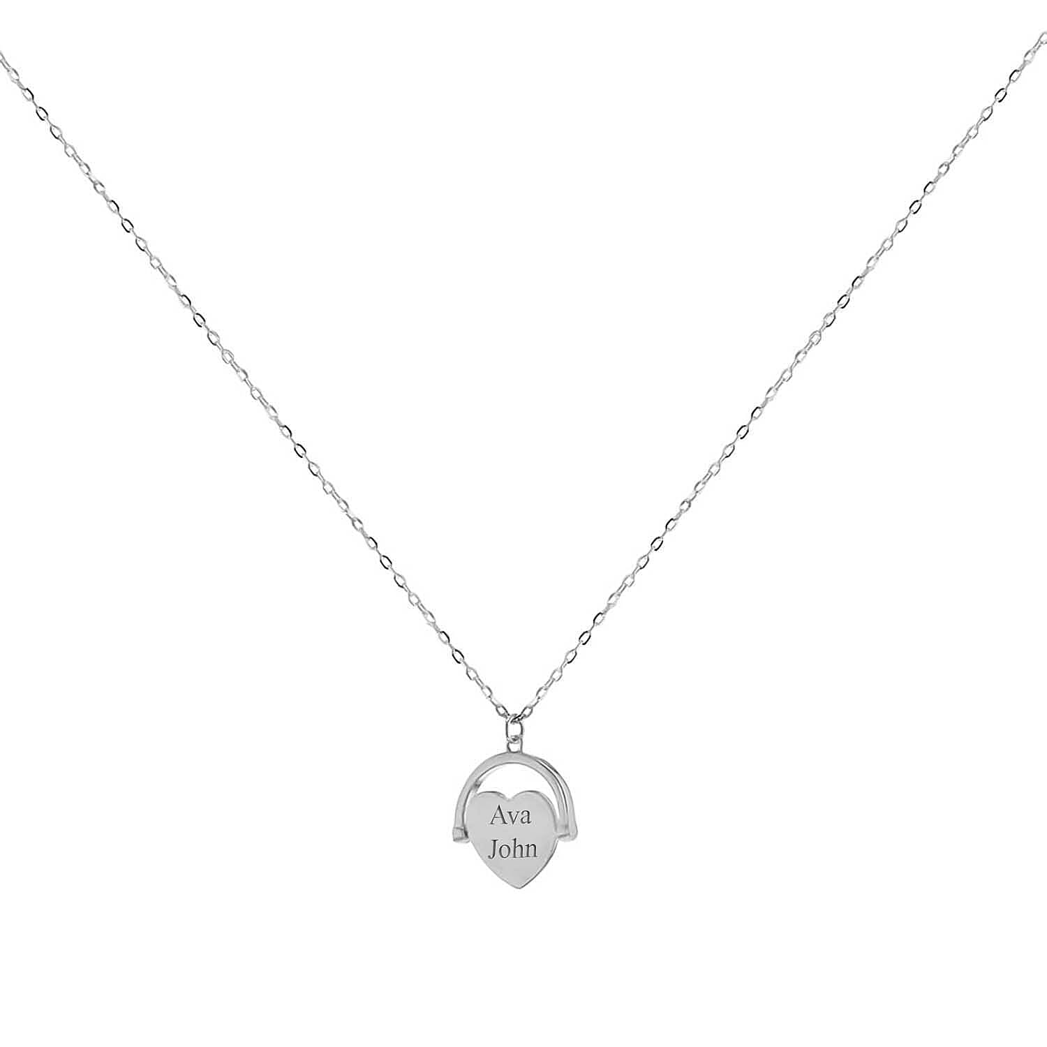 Personalised Engravable Rhodium Plated 17.3mm x 21mm Heart Spinner Adjustable Necklace in Silver, Size-17-18 Inch