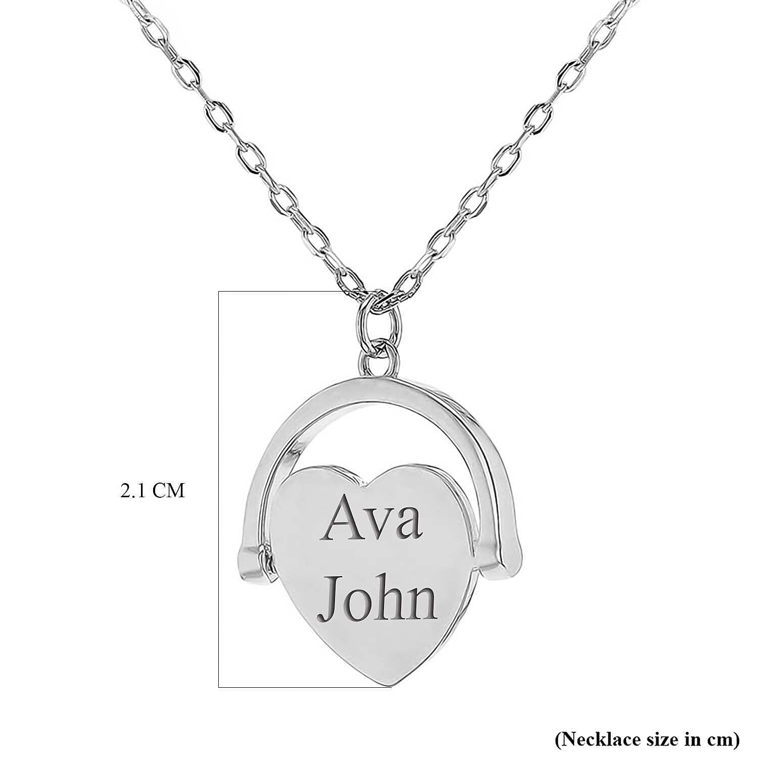 Personalised Engravable Rhodium Plated 17.3mm x 21mm Heart Spinner Adjustable Necklace in Silver, Size-17-18 Inch