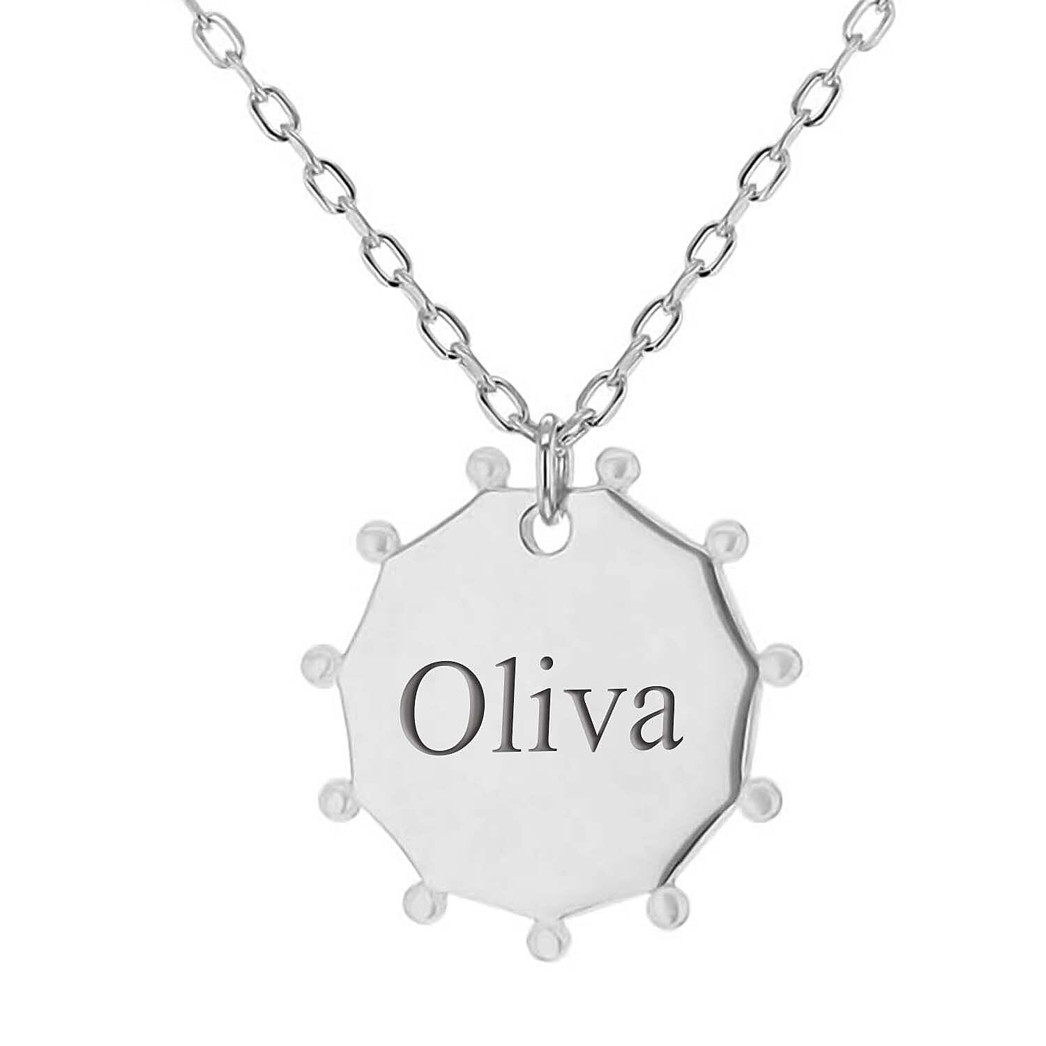Personalised Engravable Rhodium Plated 16mm x 17mm Studded Hendecagon Adjustable Necklace in Silver, Size-17-18 inch