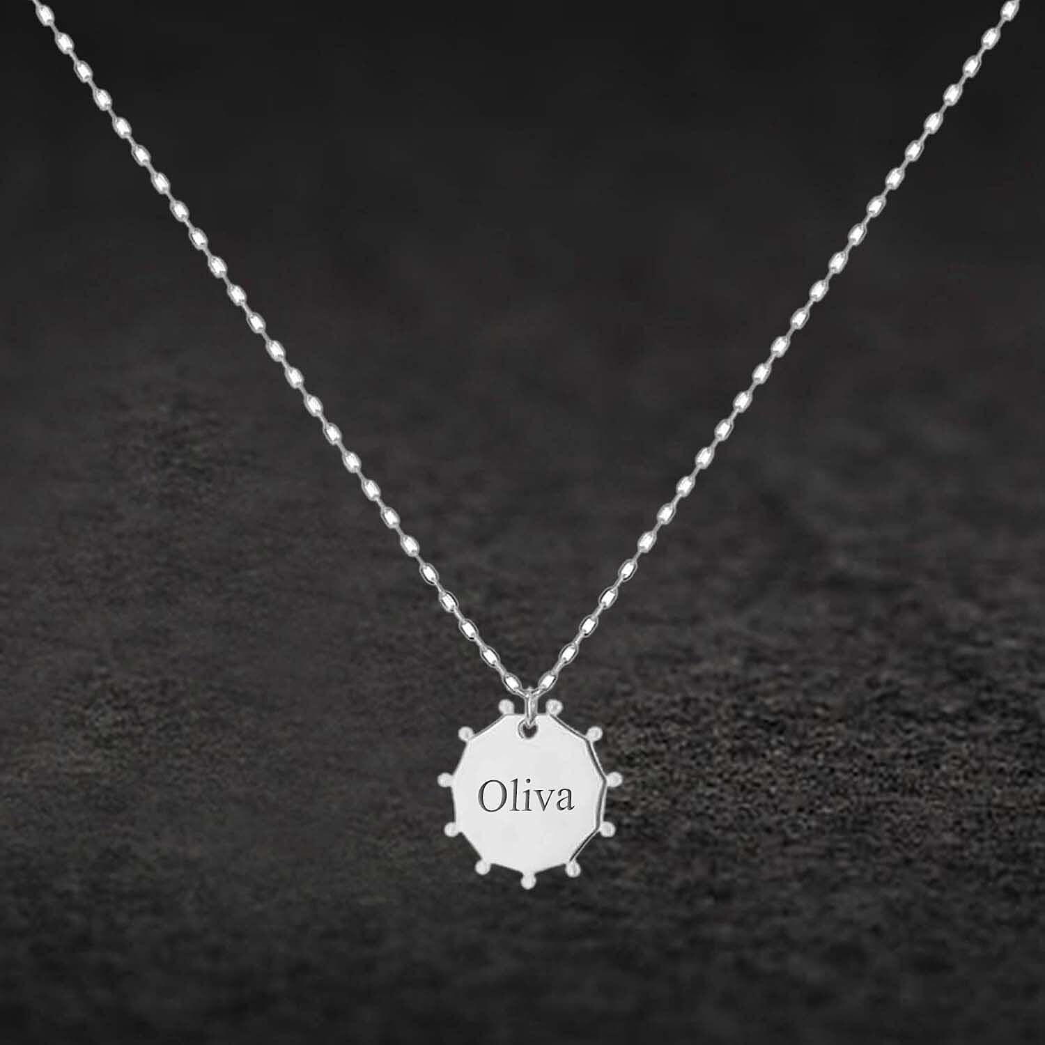 Personalised Engravable Rhodium Plated 16mm x 17mm Studded Hendecagon Adjustable Necklace in Silver, Size-17-18 inch