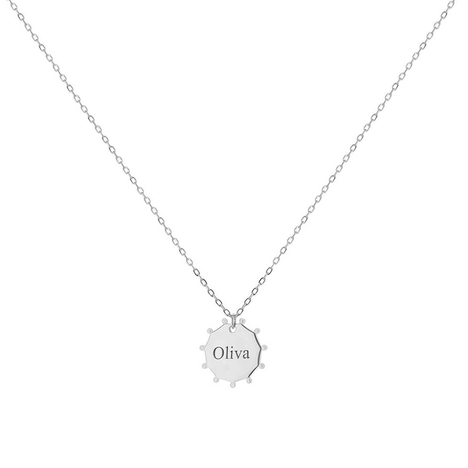 Personalised Engravable Rhodium Plated 16mm x 17mm Studded Hendecagon Adjustable Necklace in Silver, Size-17-18 inch