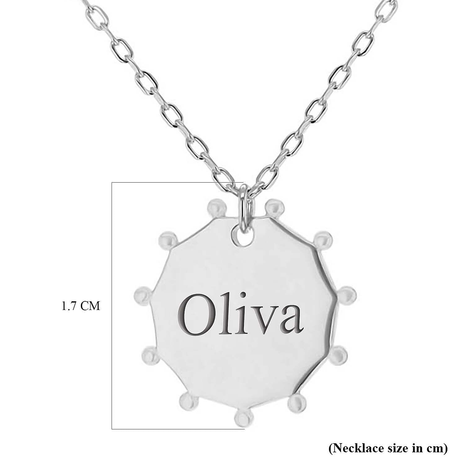 Personalised Engravable Rhodium Plated 16mm x 17mm Studded Hendecagon Adjustable Necklace in Silver, Size-17-18 inch