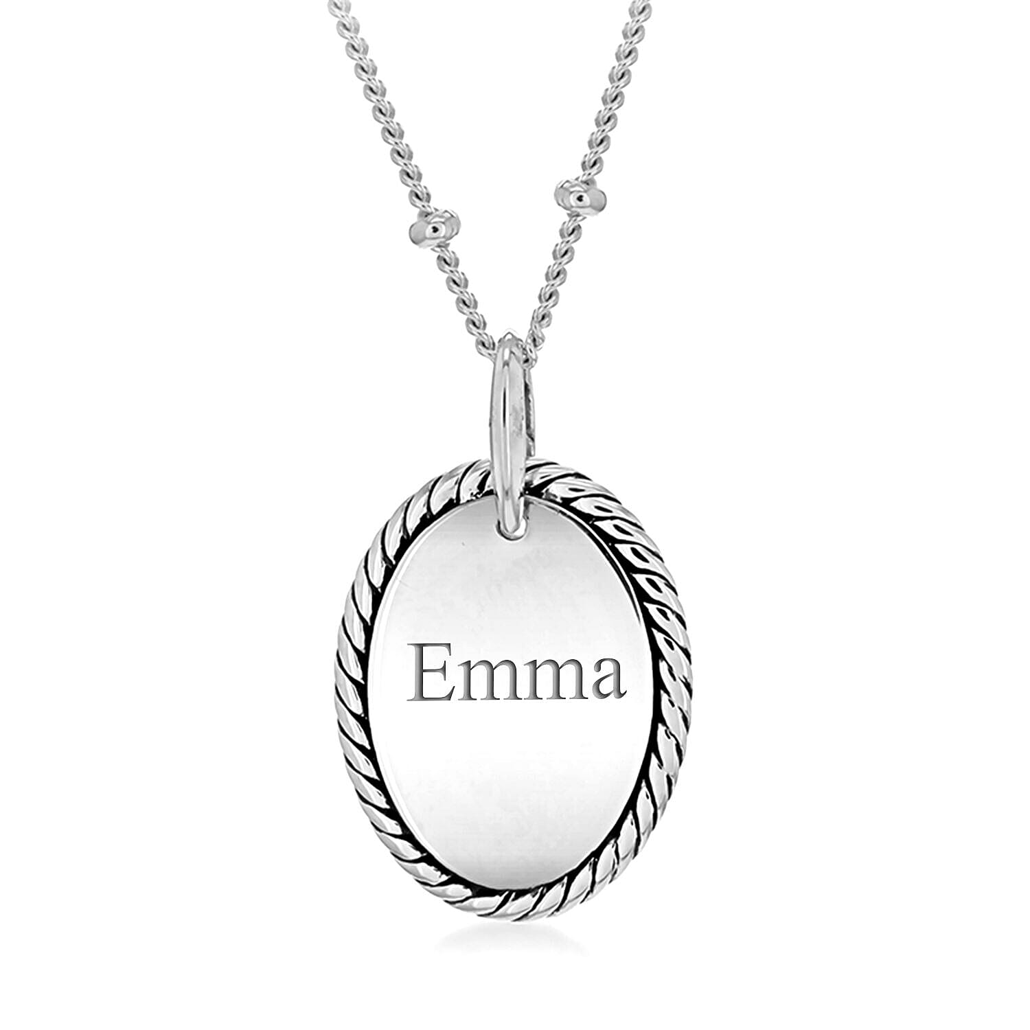 Personalised Engravable Rhodium Plated 13.6mm x 22.3mm Twist-Edge Oval Pendant Ball Chain Adjustable Necklace in Silver, Size-16-18 Inch