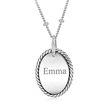 Personalised Engravable Rhodium Plated 13.6mm x 22.3mm Twist-Edge Oval Pendant Ball Chain Adjustable Necklace in Silver, Size-16-18 Inch