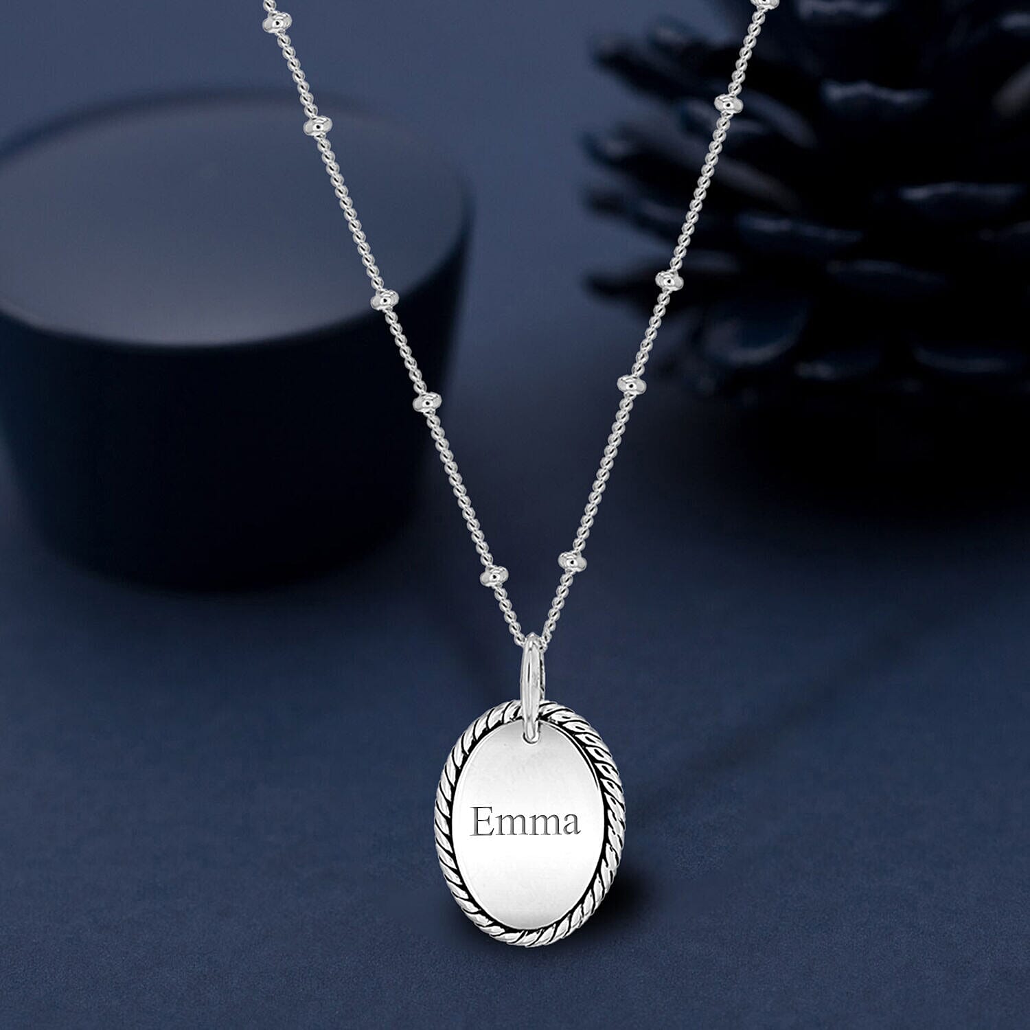 Personalised Engravable Rhodium Plated 13.6mm x 22.3mm Twist-Edge Oval Pendant Ball Chain Adjustable Necklace in Silver, Size-16-18 Inch