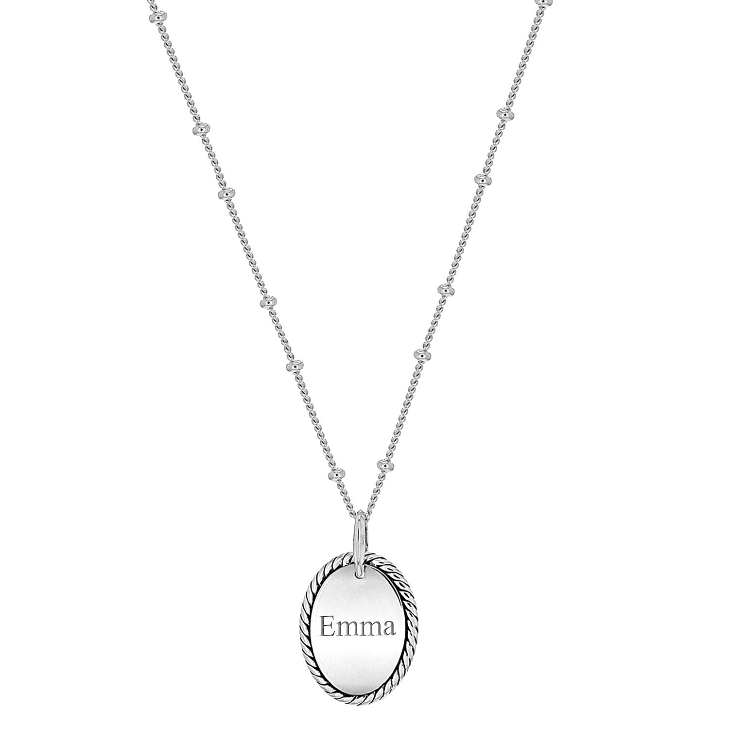 Personalised Engravable Rhodium Plated 13.6mm x 22.3mm Twist-Edge Oval Pendant Ball Chain Adjustable Necklace in Silver, Size-16-18 Inch