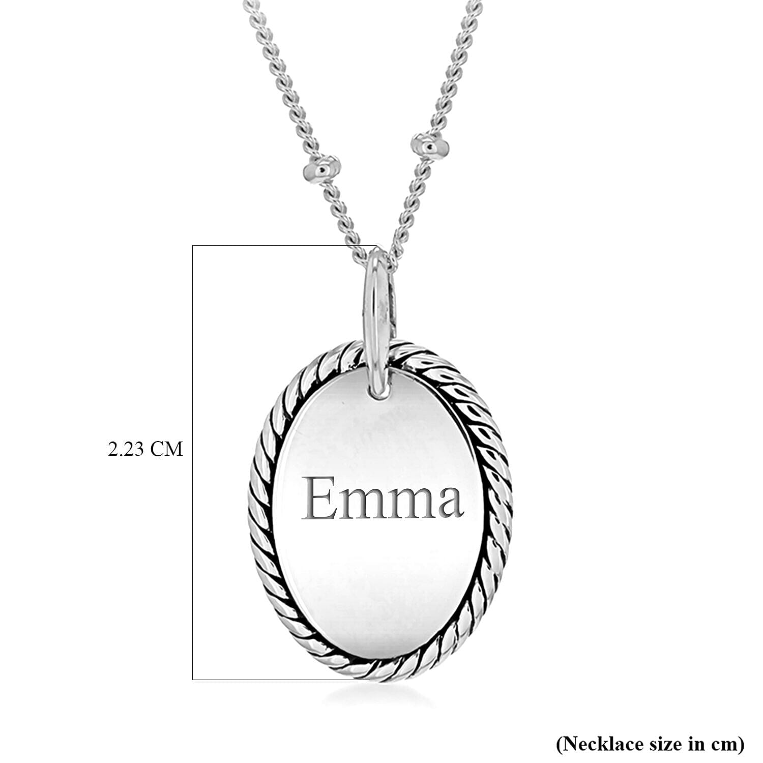 Personalised Engravable Rhodium Plated 13.6mm x 22.3mm Twist-Edge Oval Pendant Ball Chain Adjustable Necklace in Silver, Size-16-18 Inch